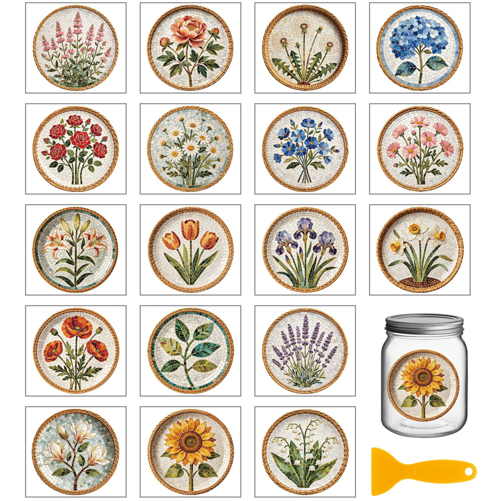 GLOBLELAND 18 Sheets Weaving Plants Rub on Transfer 3.9x3.6 inch Colorful Leaves and Flowers Transfer Stickers Mosaic Decal Stickers for Furniture Vase Glass Art Crafts Decorations