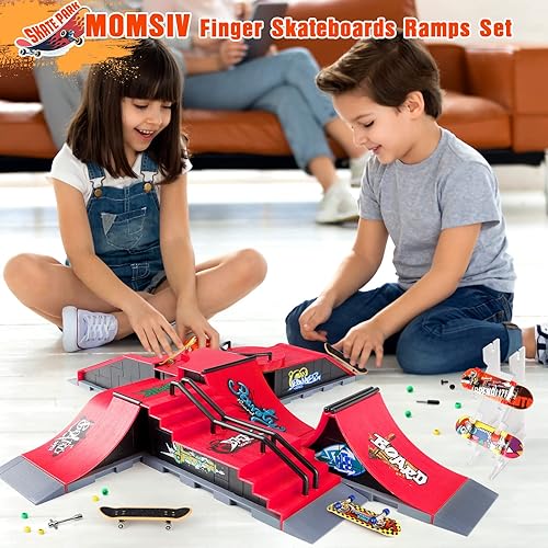 Miniatura 7 de MOMSIV Mini Finger Toy Skateboard Park Ramp Kit Diapasón Half Pipe Ultimate Parks Training Props Accesorios para niños y adultos 6 en 1