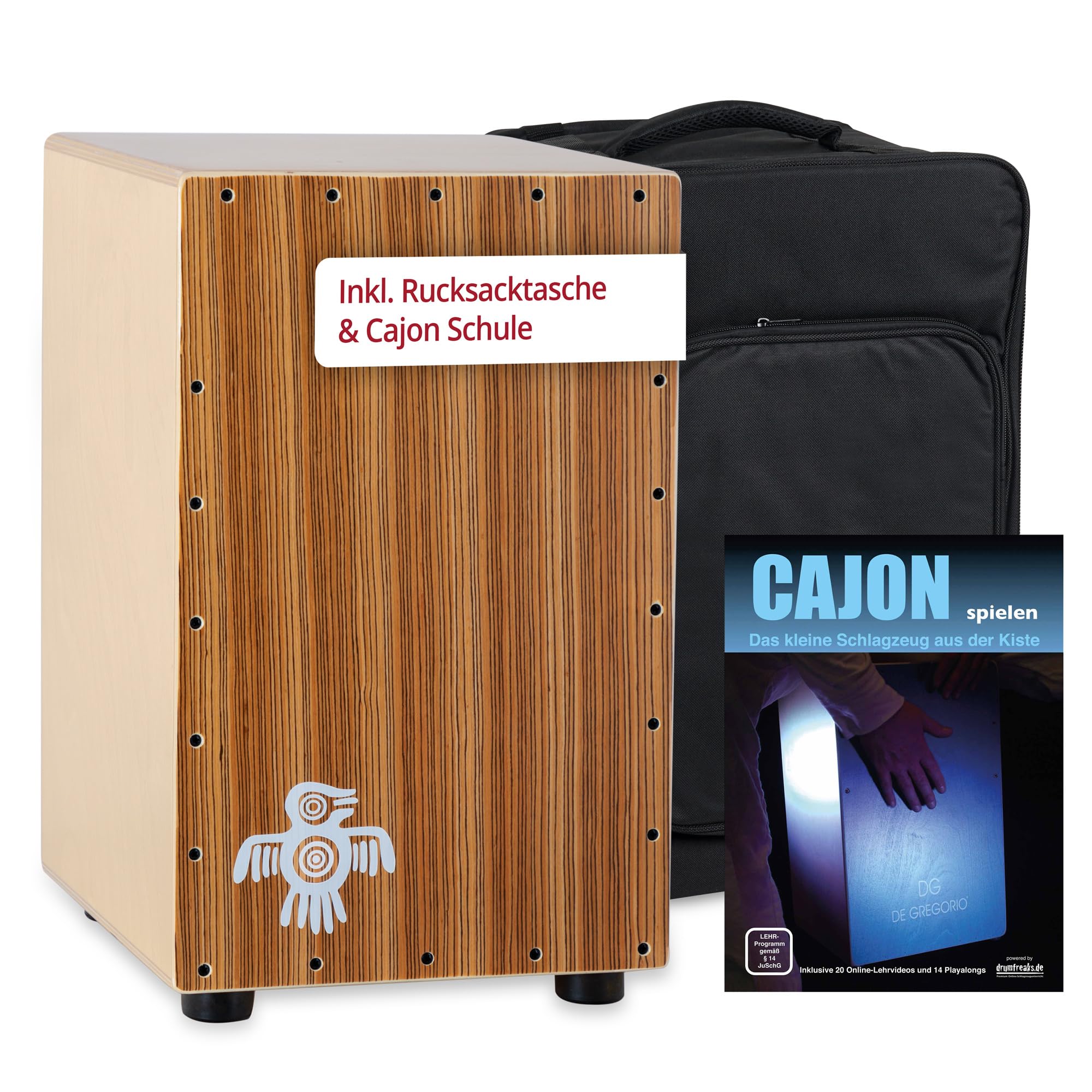 XDrum PERC CP-484 Cajon Peruana Zebrano Set incl. Scuola di Cajon | Suoni di basso e snare molto differenziati e presenti, Battente da 3 mm in Zebrano, Corpo in betulla da 9 mm (7 strati), 5 cm