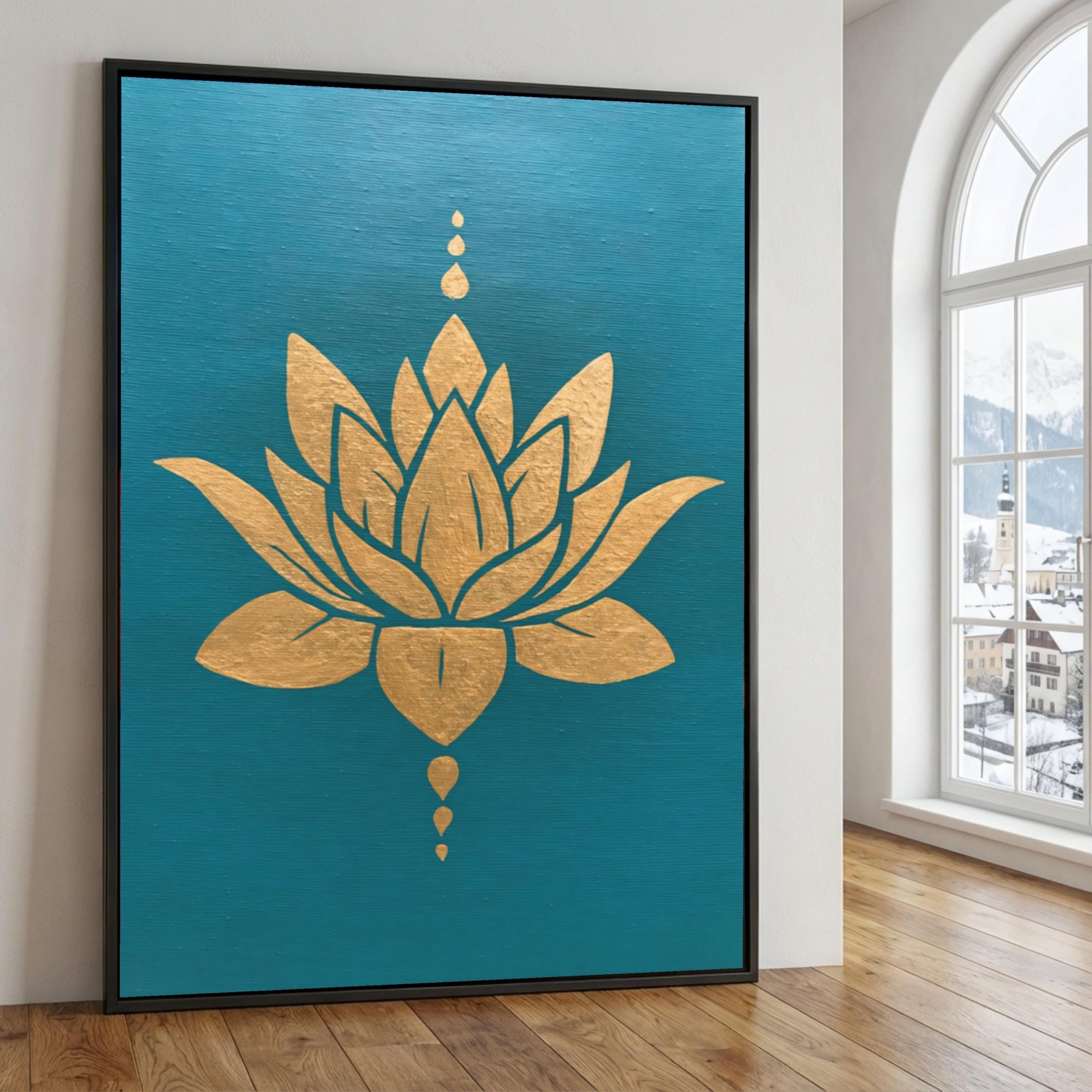 TONGYINLI Golden Lotus Flower Posters Print, Teal Spiritual Wall Art, Zen Meditation Canvas Oil Painting for Bedroom Home Decor(70x110cm/Frameless)