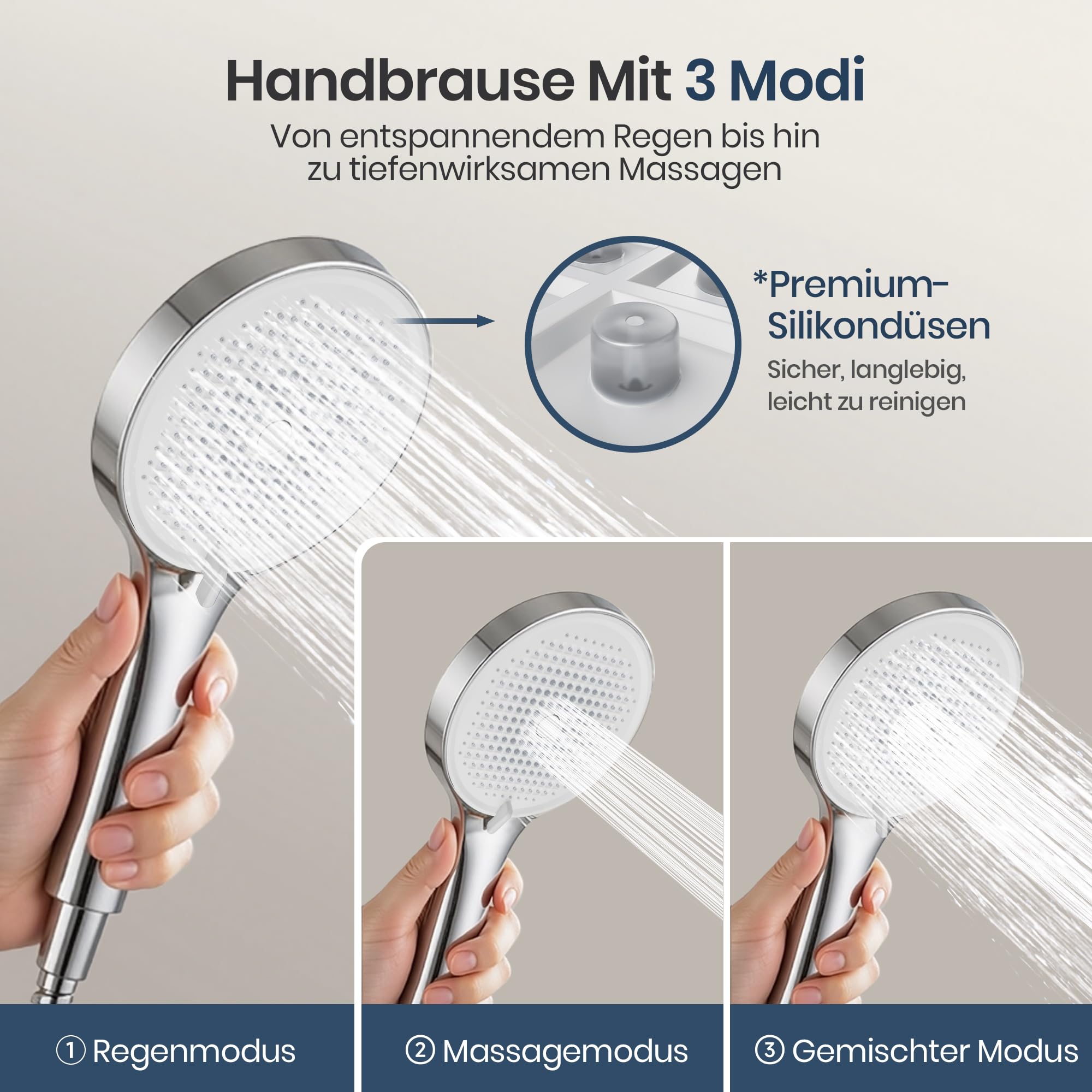 Duschsystem mit Thermostat Chrom, Duscharmatur Komplettset mit 3 Strahlarten Handbrause & 26cm Rund Kopfbrause, Höhenverstellbarer Duschstange, 150cm Schlauch, Regendusche mit Armatur