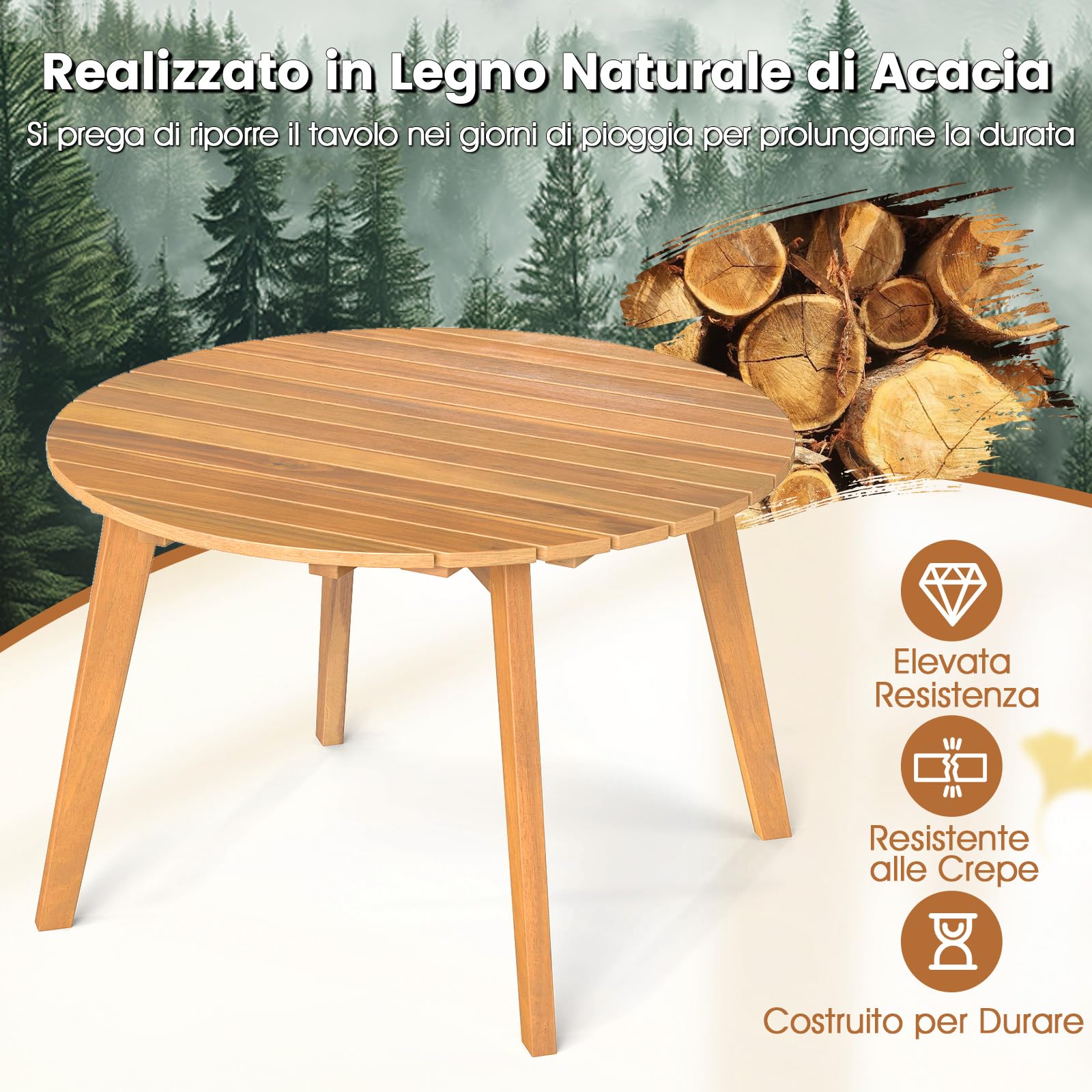 COSTWAY Tavolino da Esterno Rotondo 62 cm, in Legno Massello, Tavolino Laterale Basso da Giardino, Piccolo Tavolo da Caffè per Interno, Balcone, Terrazza e Patio, Montaggio Semplice