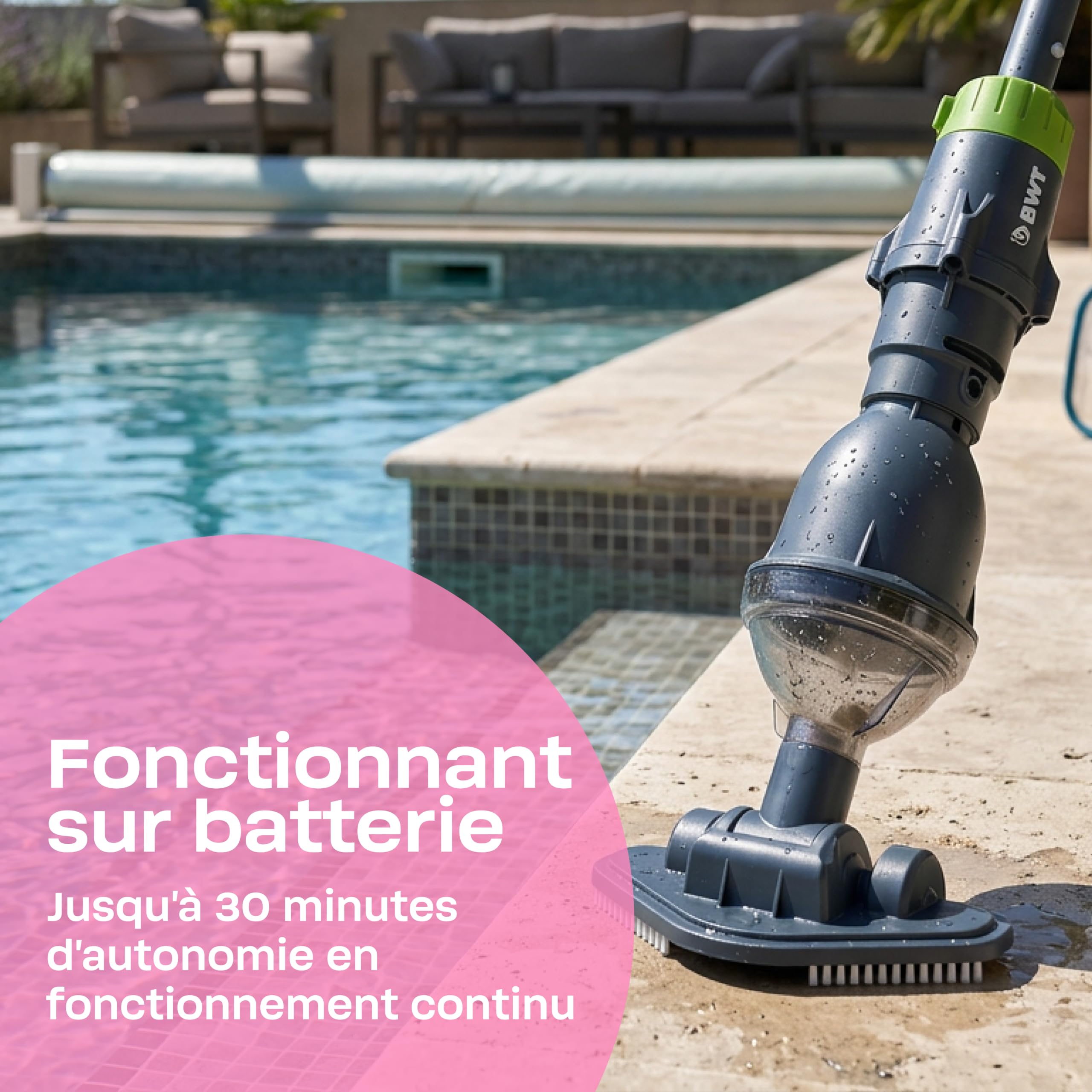 BWT Aspirateur Piscine ES02 | Nettoyeur sans Fil à Batterie | Autonomie 30 min | 2000 mAh | Pour Piscines et Spas jusqu’à 10000l | Recharge USB