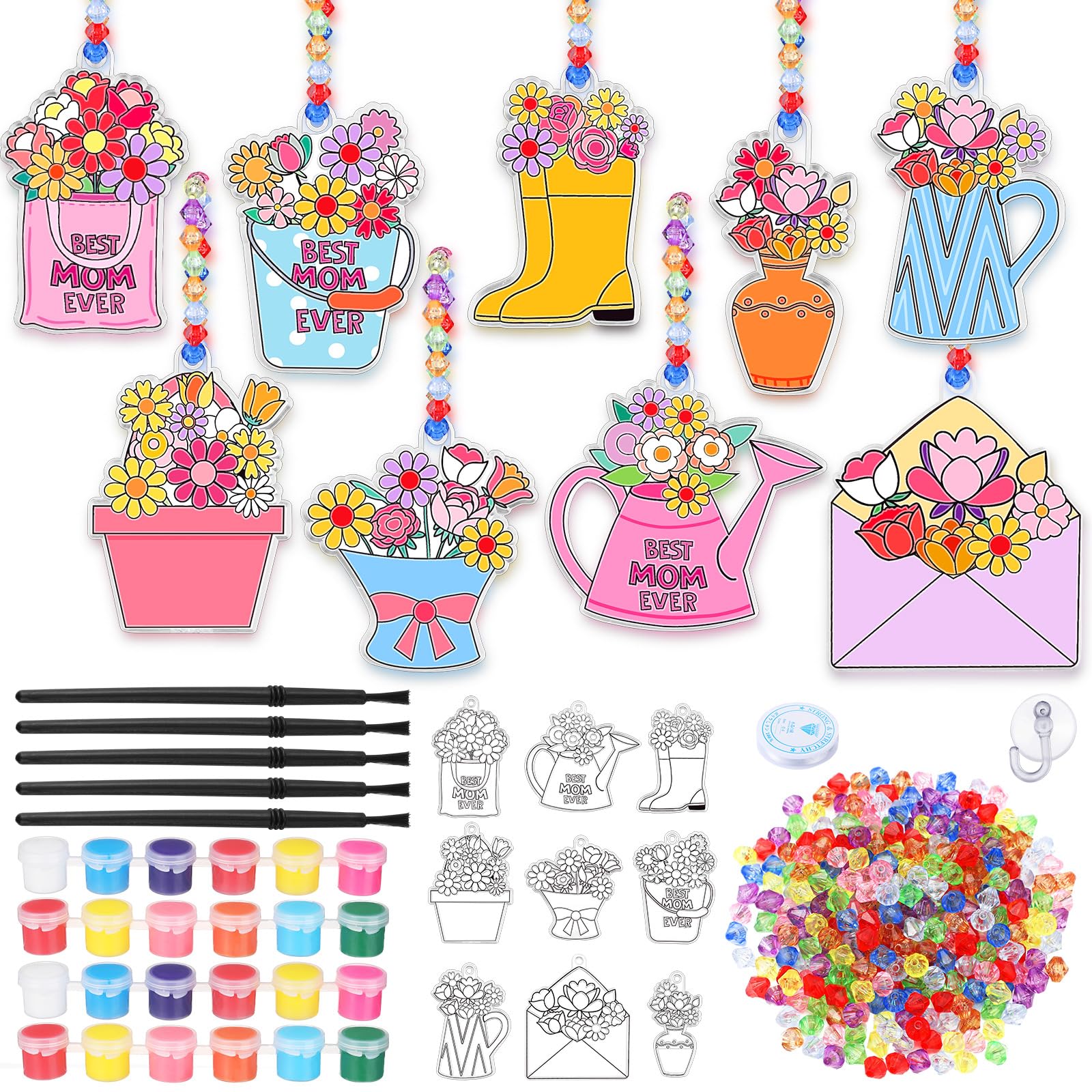 WinnerWhy 30 Pcs Mother's Day Suncatcher DIY Kits, Acrylic Paints Beads