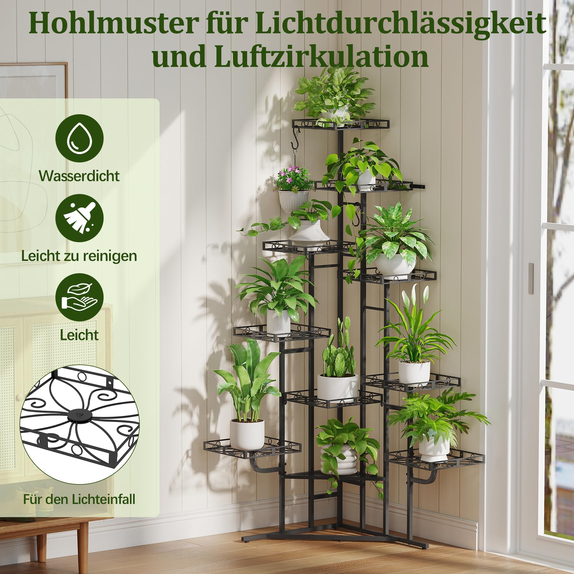 Quikraen 9 Ebenen Blumenständer, Pflanzenständer, 150cm, Metall, Schwarz | L-förmiges Design Pflanzenregal, Outdoor & Indoor Blumenregal, Blumentreppe für Wohnzimmer, Garten, Balkon, Rostbeständigen