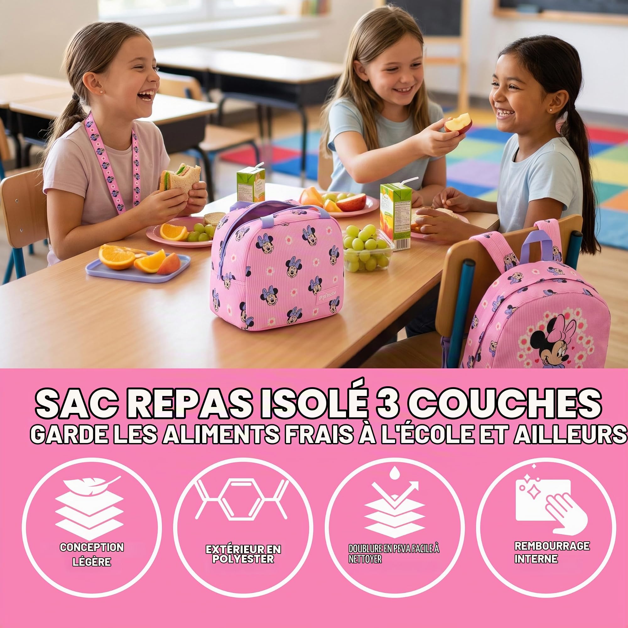 Get Trend Minnie Mouse Sac a Dos Fille Set, 4 Pcs Cartable, Sac Isotherme Repas, Trousse Scolaire et Porte Badge Tour de Cou Courroie (Rose/Multi Minnie Mouse)