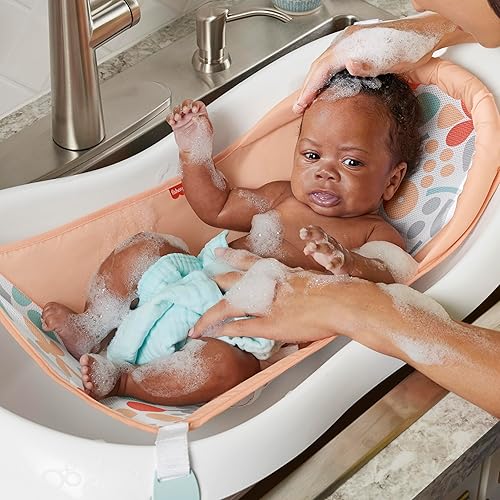 Miniatura 2 de Fisher-Price Bañera de bebé a niño pequeño 4 en 1 con soporte extraíble para bebés y 2 juguetes, flores de verano