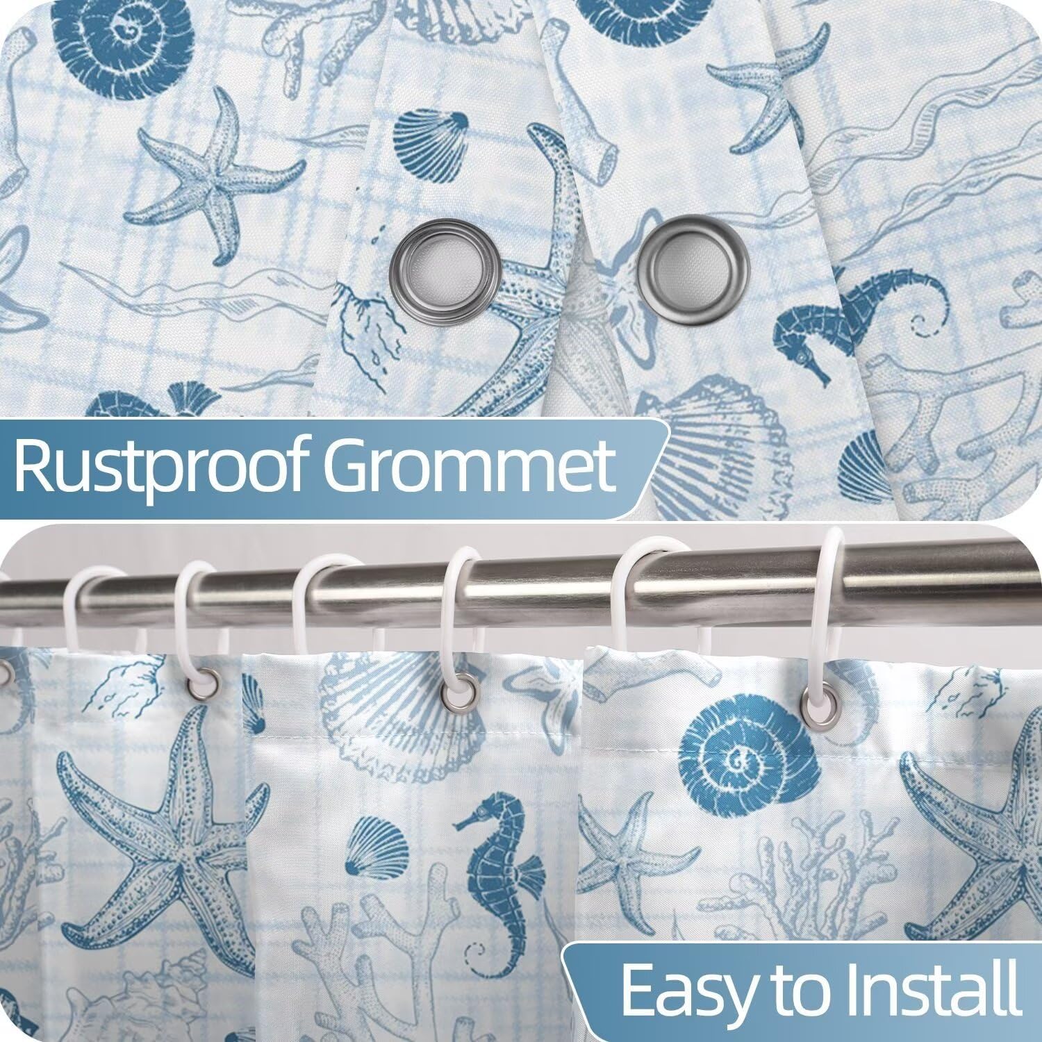Blue White Shower Curtain Set with Hooks 72x78inches Nautical Coastal Shower Curtains for Bathroom Seahorse Coral Shells Waterproof Fabric Shower Curtain