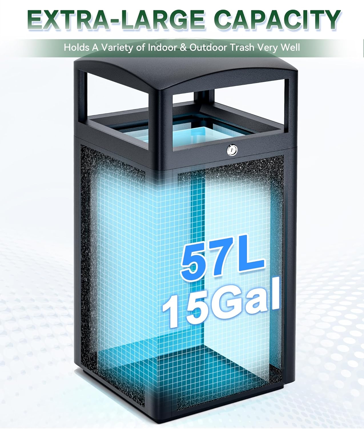 Outdoor Trash Can with Metal,Heavy Duty Steel Garbage Can with Removable Inner Bucket,Waste Receptacle with Lid & Liner,All Weather Resistant Commercial Garbage Cans (Black, 15 Gal-Square Shape)