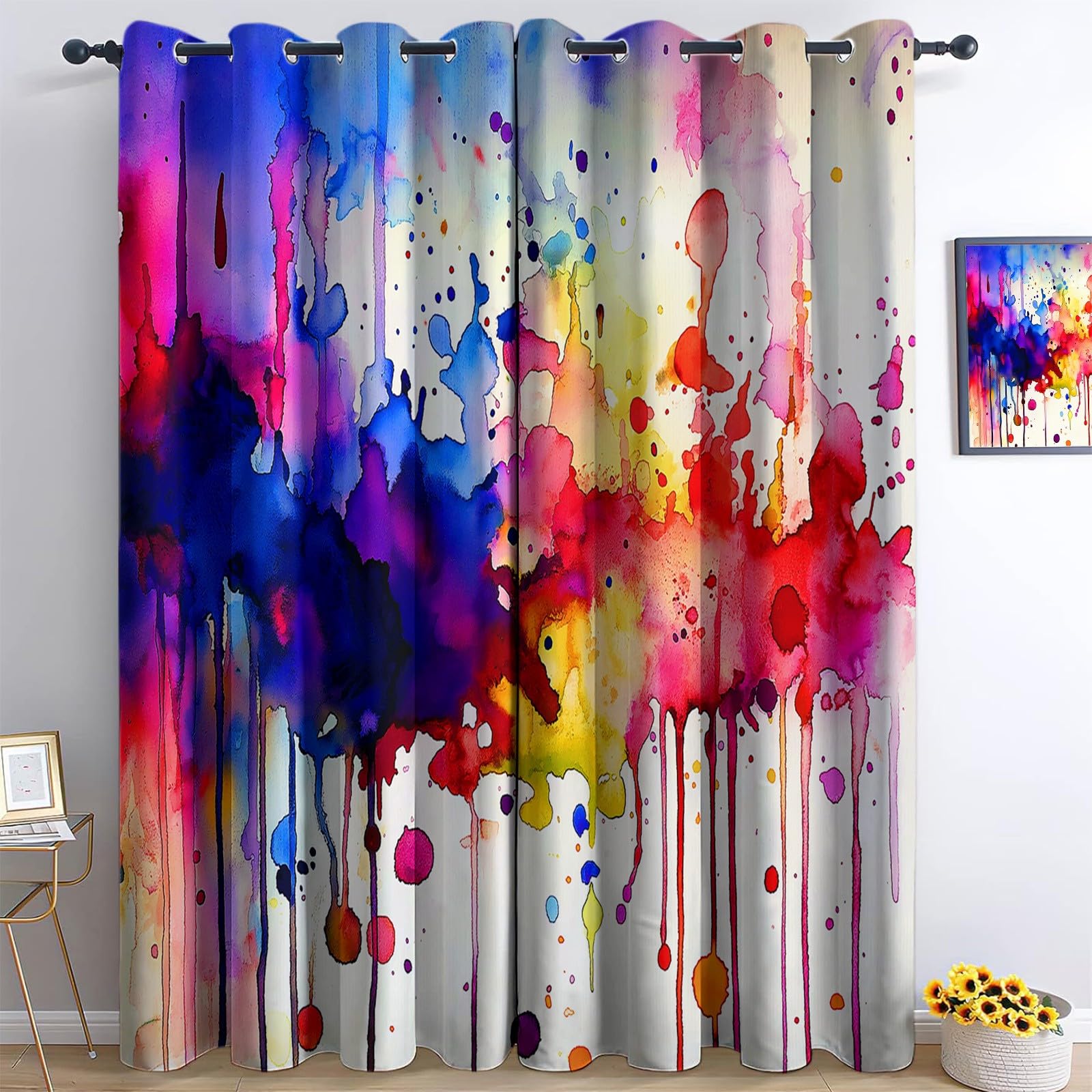 Blackout Curtains Watercolor Ink Paper Colourful Opaque Curtain With Eyelet 3D Print Thermal Insulated, for Living Room Children's Bedroom Window Drapes 46” W x 90” L 2 Panels