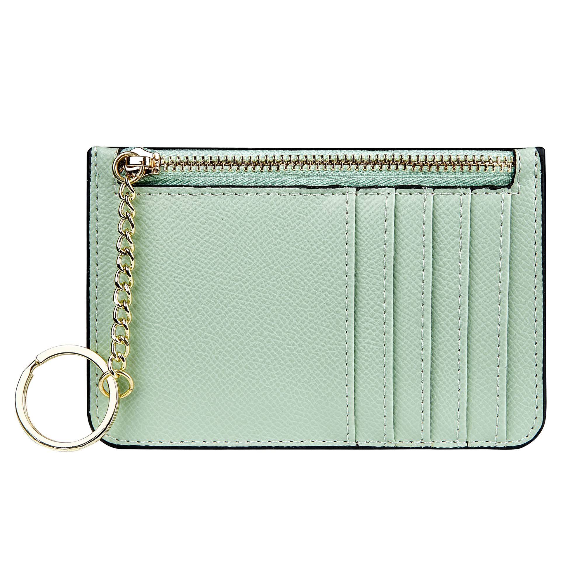 Women's Leather Slim Minimalist Card Holder Case Zipper Changes Coin Front Pocket Wallet With Keychain, Green