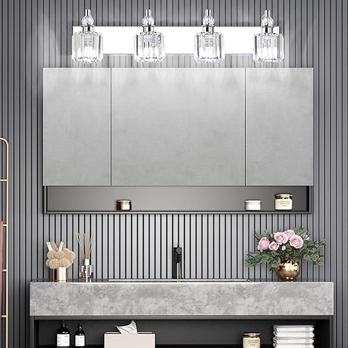 Miniatura 4 de Ralbay Lámpara de tocador de baño de cristal  4 luces modernas de cristal para baño, lámpara de tocador de acero inoxidable cromado para lámparas de