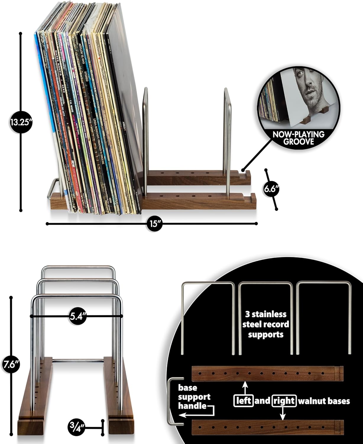 Optage Audio Durable Vinyl Record Storage Holder for 75 LPs, Solid Walnut Record Stand with Built-in Now Playing Display, Sleek Vinyl Record Holder Stand & Display for Album