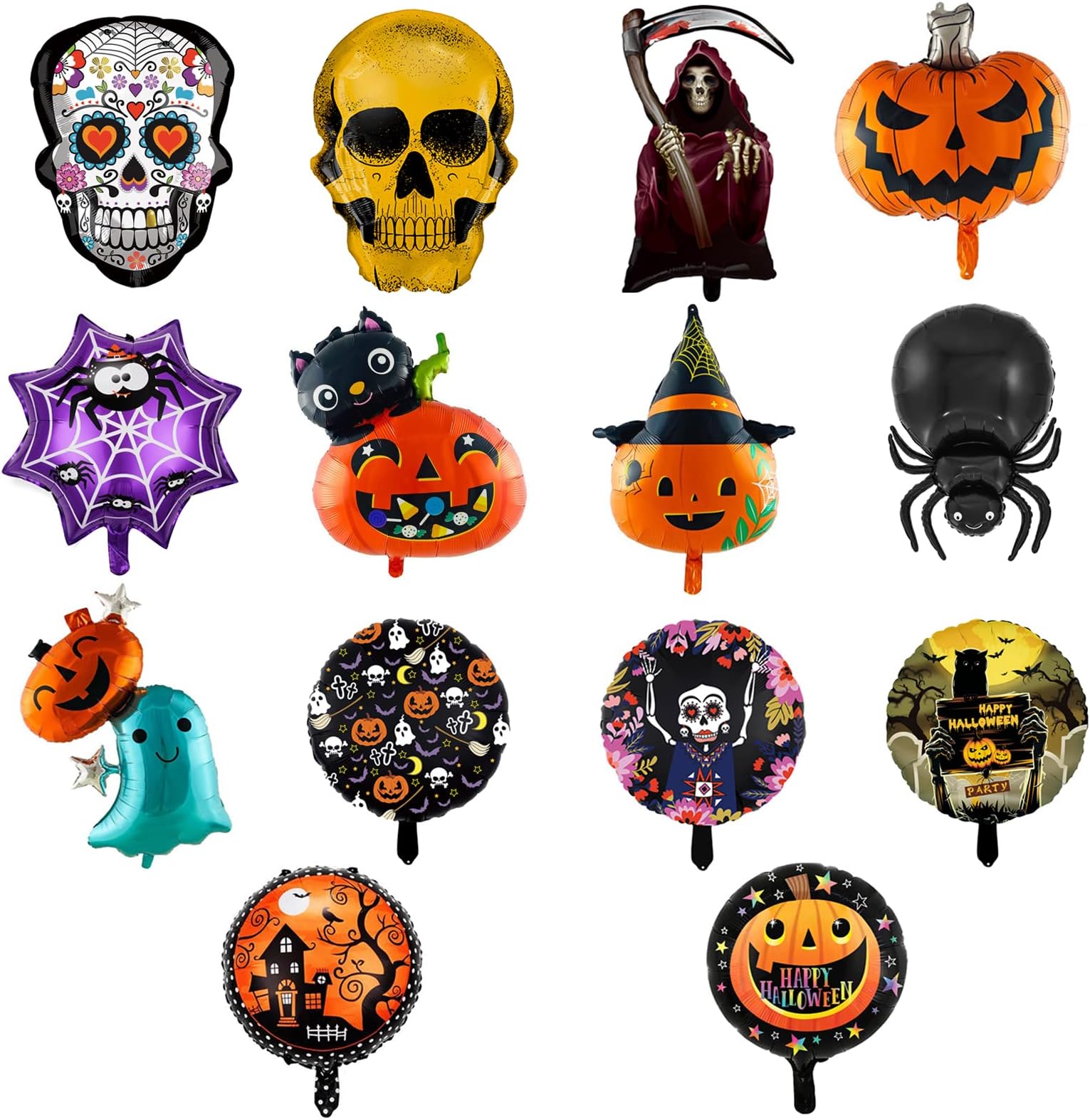 Yunhua 14PCS Halloween Foil Balloons Halloween Party Decorations Supplies Pumpkin Spider Ghost Skull Black Cat Balloons 3D DIY Decor for Halloween Party