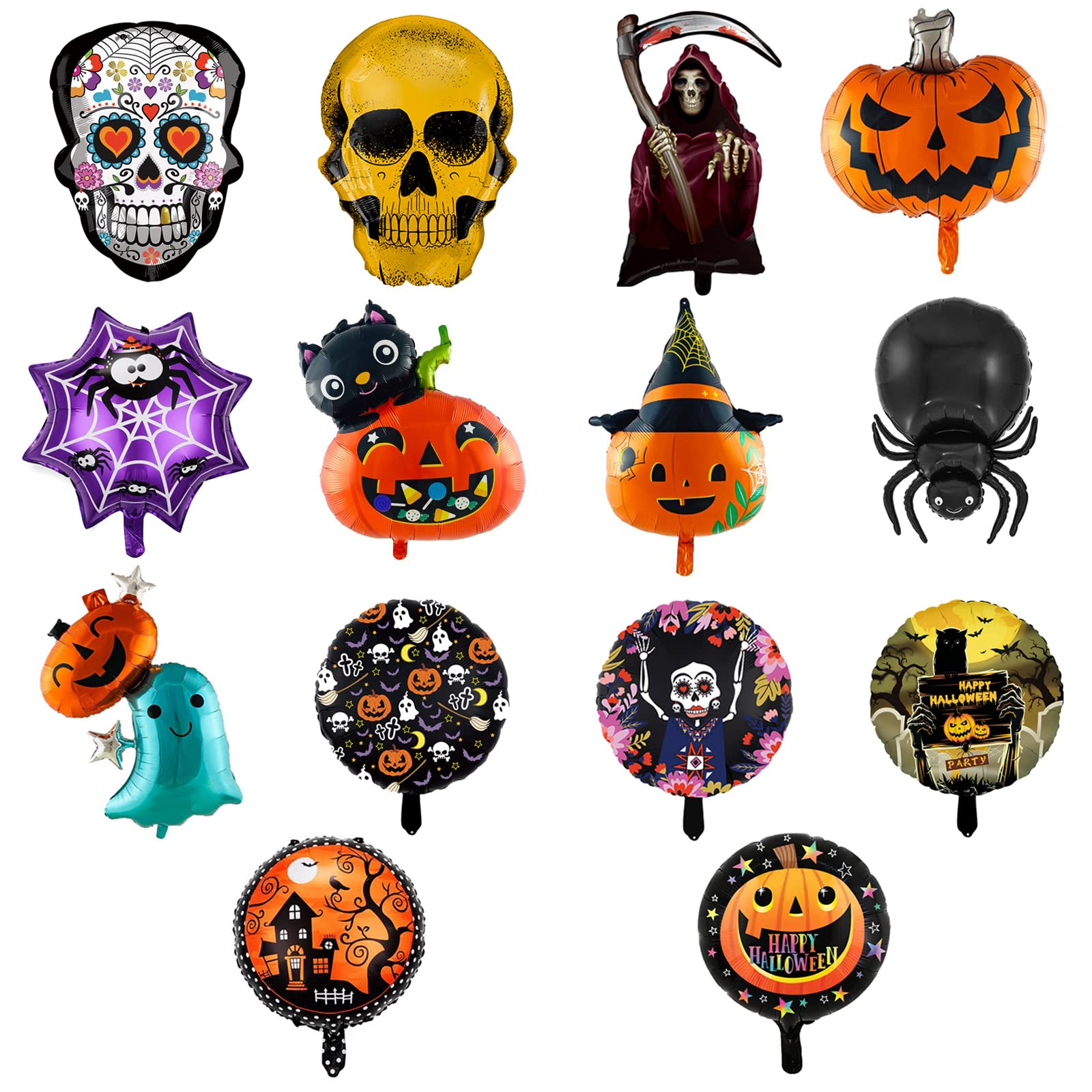 Yunhua 14PCS Halloween Foil Balloons Halloween Party Decorations Supplies Pumpkin Spider Ghost Skull Black Cat Balloons 3D DIY Decor for Halloween Party