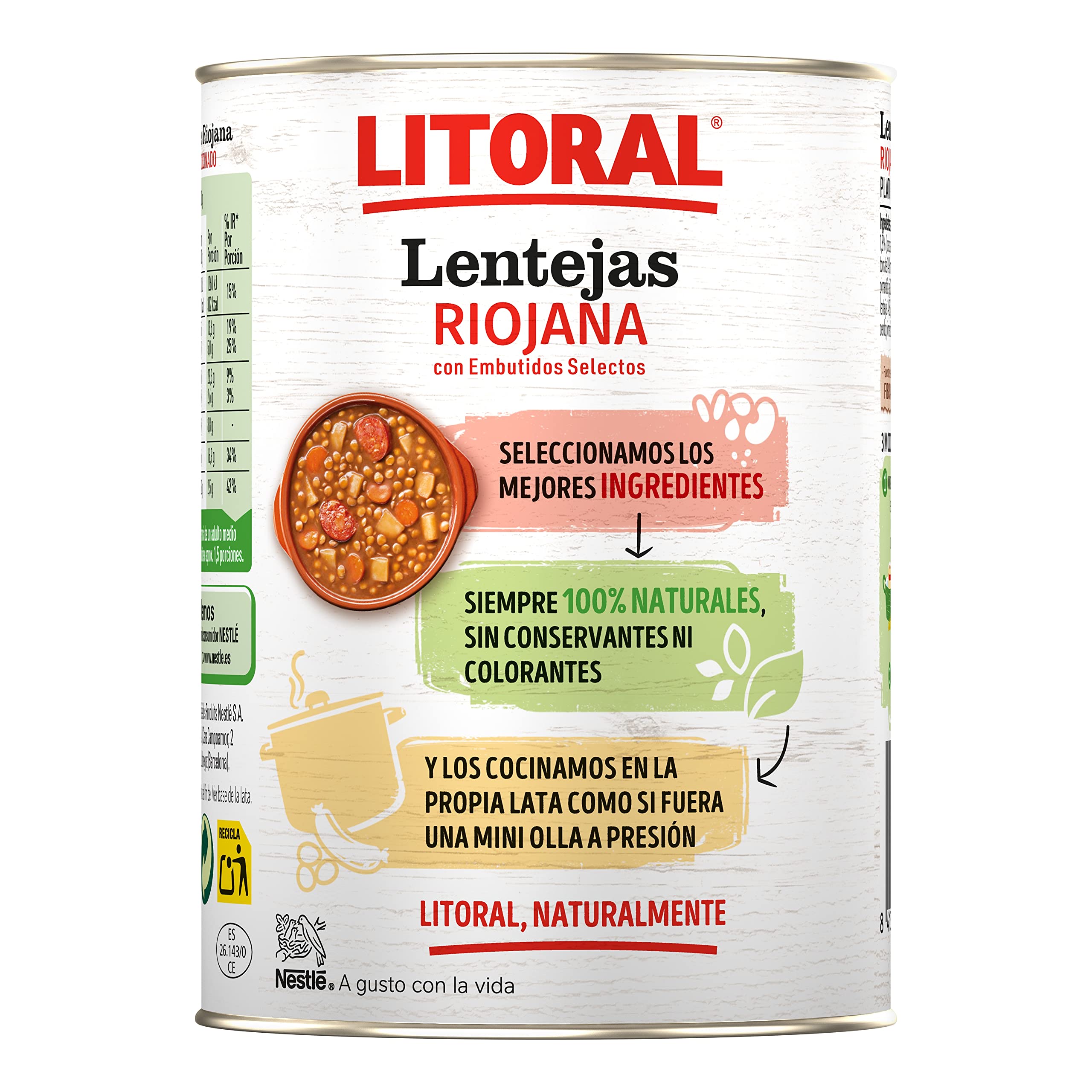 LITORAL Lentejas Riojana - Plato Preparado Sin Gluten - Pack de 6x425g - Total: 2.55kg