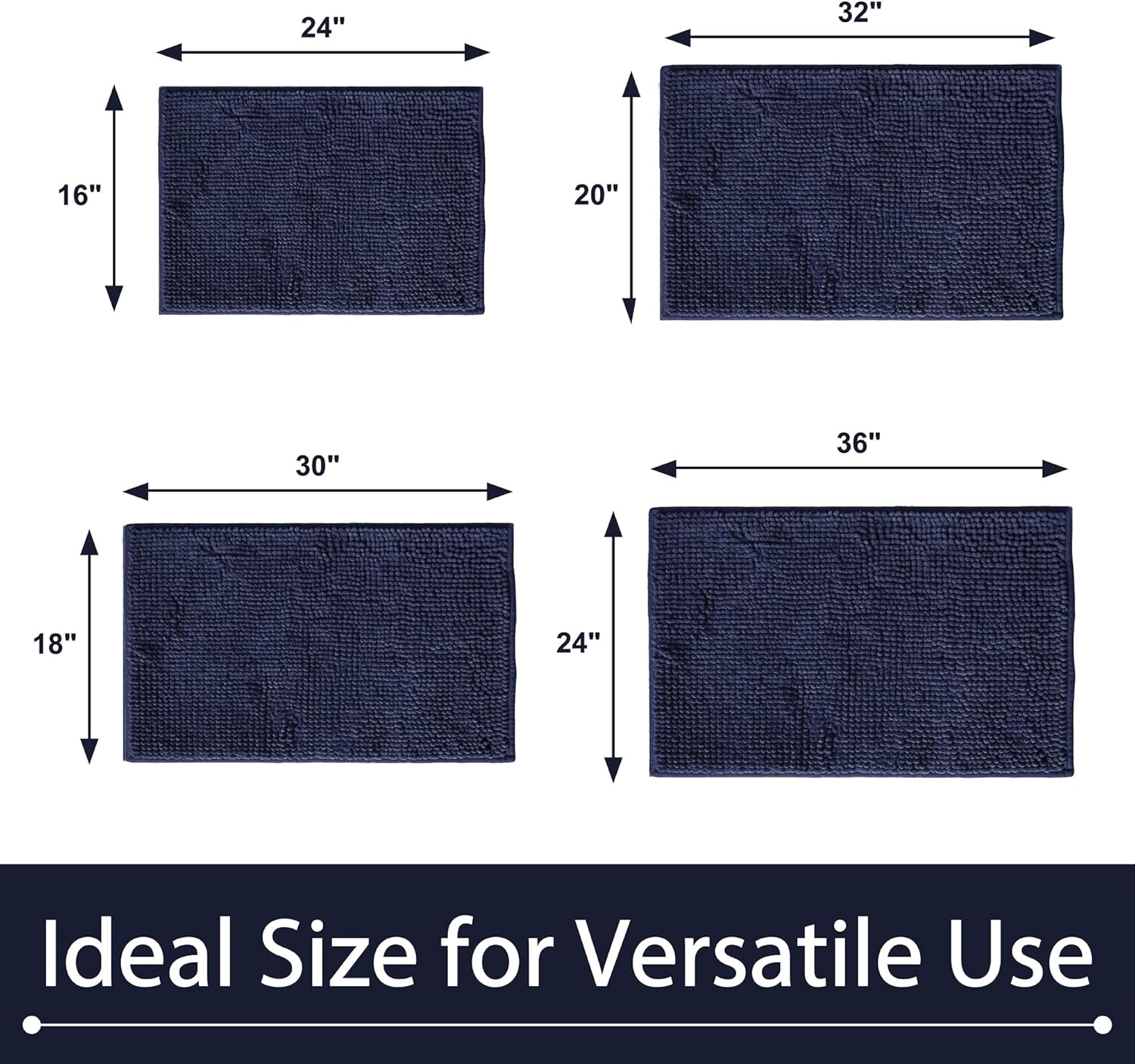 Chenille Bathroom Rugs Mats Carpet 32”x20”, Super Soft Absorbent Quick Dry,Non Slip Indoor Area Rug for Tub and Shower Entryway Lightweight Machine Washable for Bedroom,Kitchen,Garage, Navy