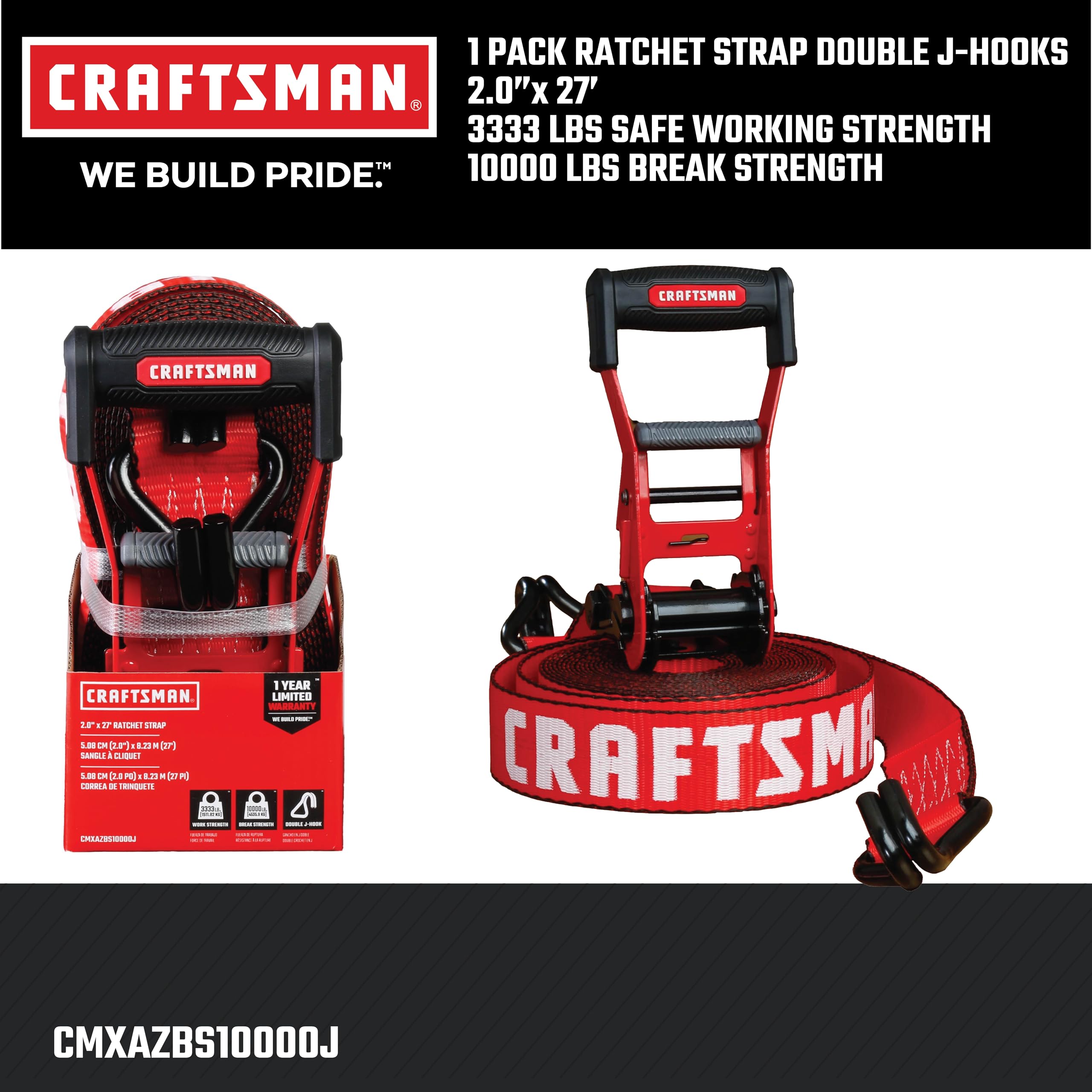 CRAFTSMAN CMXAZBS10000J - Cinghia a cricchetto con doppio gancio a J, 5,1 cm x 60 cm, per carichi pesanti/industriali (4,5 kg di resistenza alla rottura)