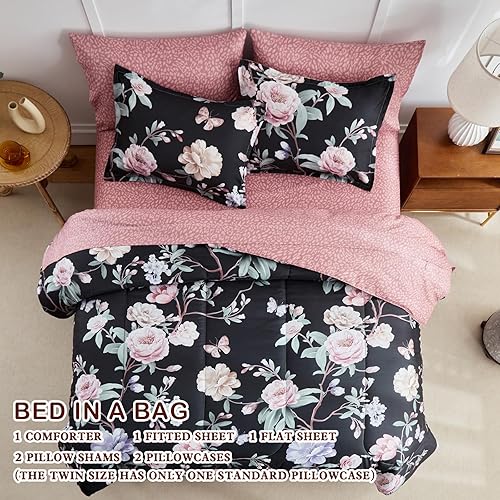 Miniatura 9 de Joyreap Bed in a Bag - Juego de sábanas de edredón floral de 7 piezas, hojas coloridas sobre blanco para todas las estaciones, juego de ropa de cama