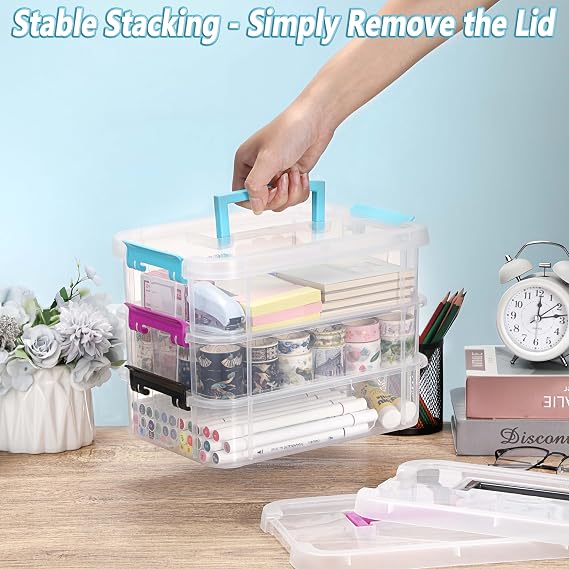 BTSKY Clear Plastic Storage Box, Portable Organizer Container with Blue Handle, Stackable Storage Bin for Office Home, Multi-Use Container Box with Lid for Stationery Jewelry Craft Sewing Supplies