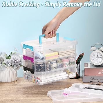 BTSKY Clear Plastic Storage Box, Portable Organizer Container with Blue Handle, Stackable Storage Bin for Office Home, Multi-Use Container Box with Lid for Stationery Jewelry Craft Sewing Supplies