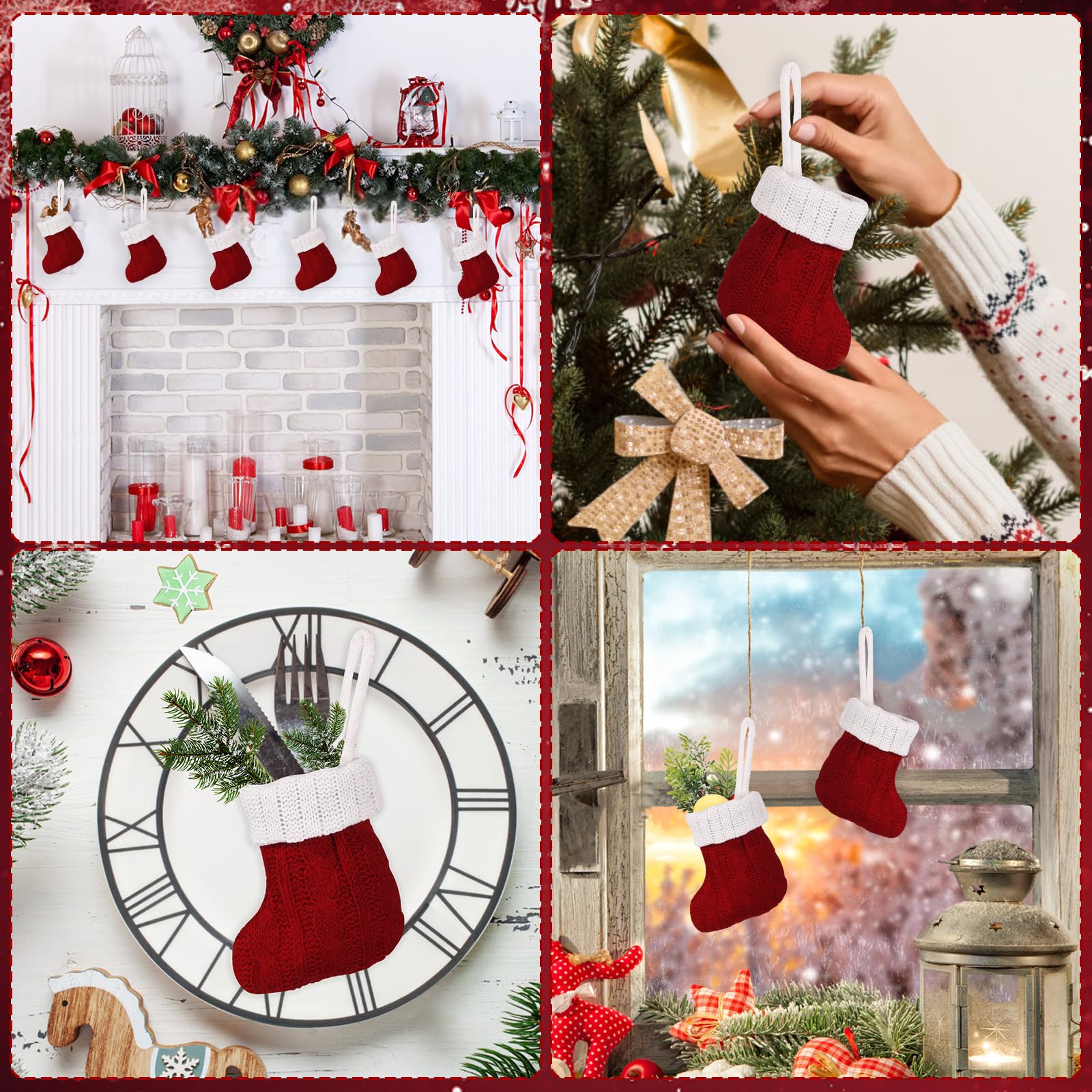 CCINEE Mini-Weihnachtsstrümpfe, rot, gestrickt, Weihnachtsstrümpfe, kleine Strick-Hängestrümpfe, Dekoration für Ferienhaus, Wand, Kamin, Weihnachtsbaumdekoration, 12 Stück