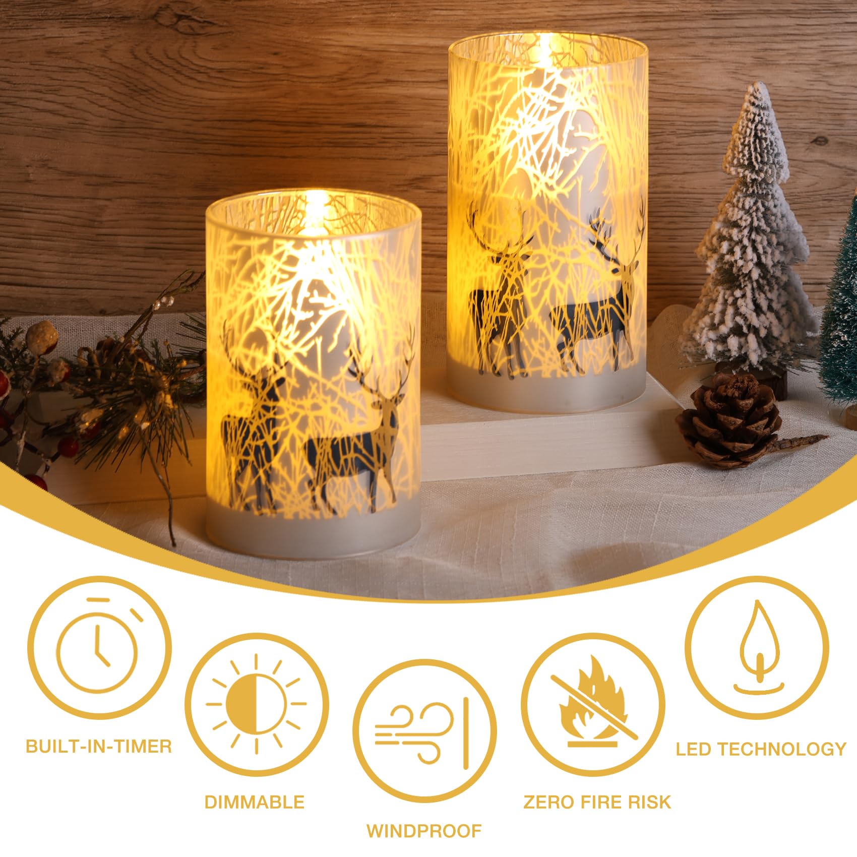 Eywamage Set di 2 candele natalizie in vetro senza fiamma, con telecomando, a batteria, a LED, a forma di renna