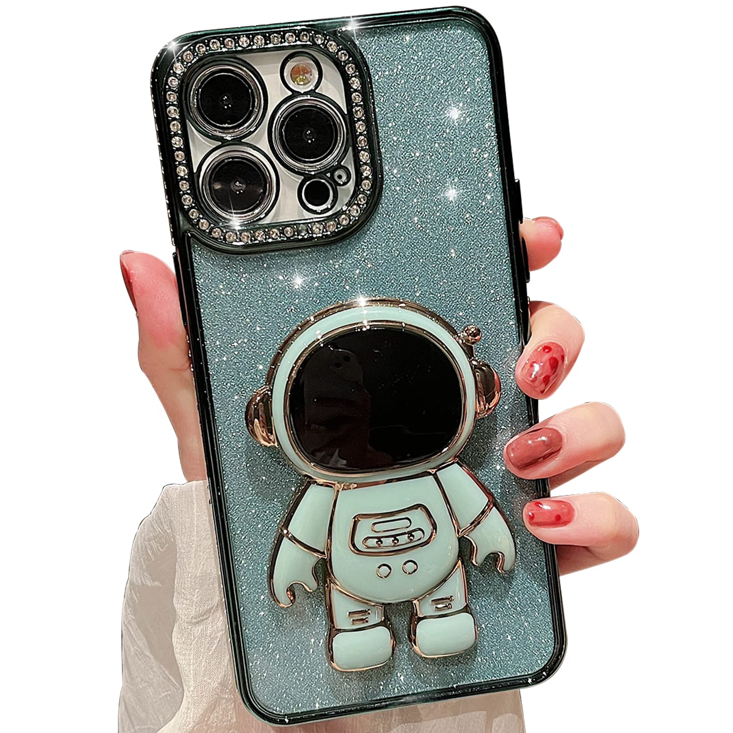 Finyosee Compatible with iPhone 14 Pro Max Case,Glitter Rhinestone Bling Diamond Sparkle Bumper and Camera Lens Design Clear Phone Case with Cute Plating Astronaut Hidden Stand for Women Girls-Green