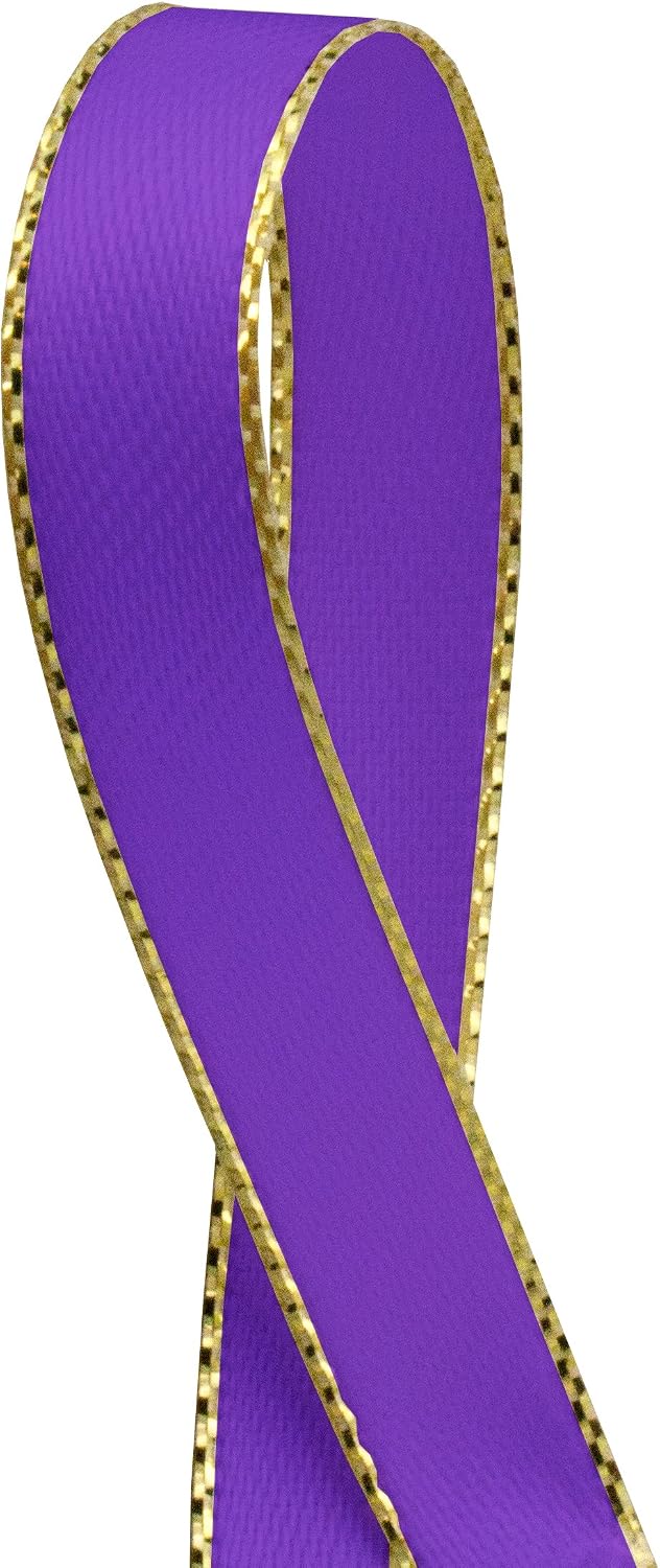 Double Faced Satin Ribbon with Gold Edges, 3/8" by 50 Yards (Purple)