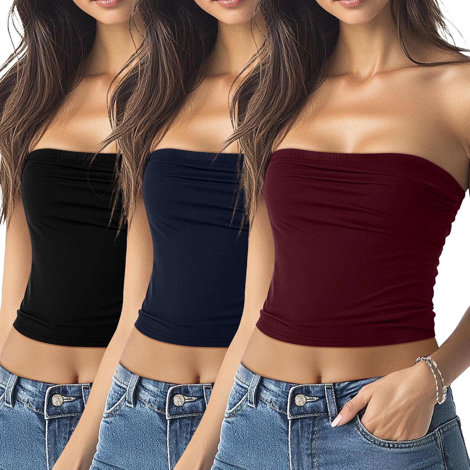 Riyiper 3 Pack Cotton Women's Tube Crop Tops Double Lined Summer Y2K Basic Strapless Sleeveless Stretchy Long Bandeau Tank
