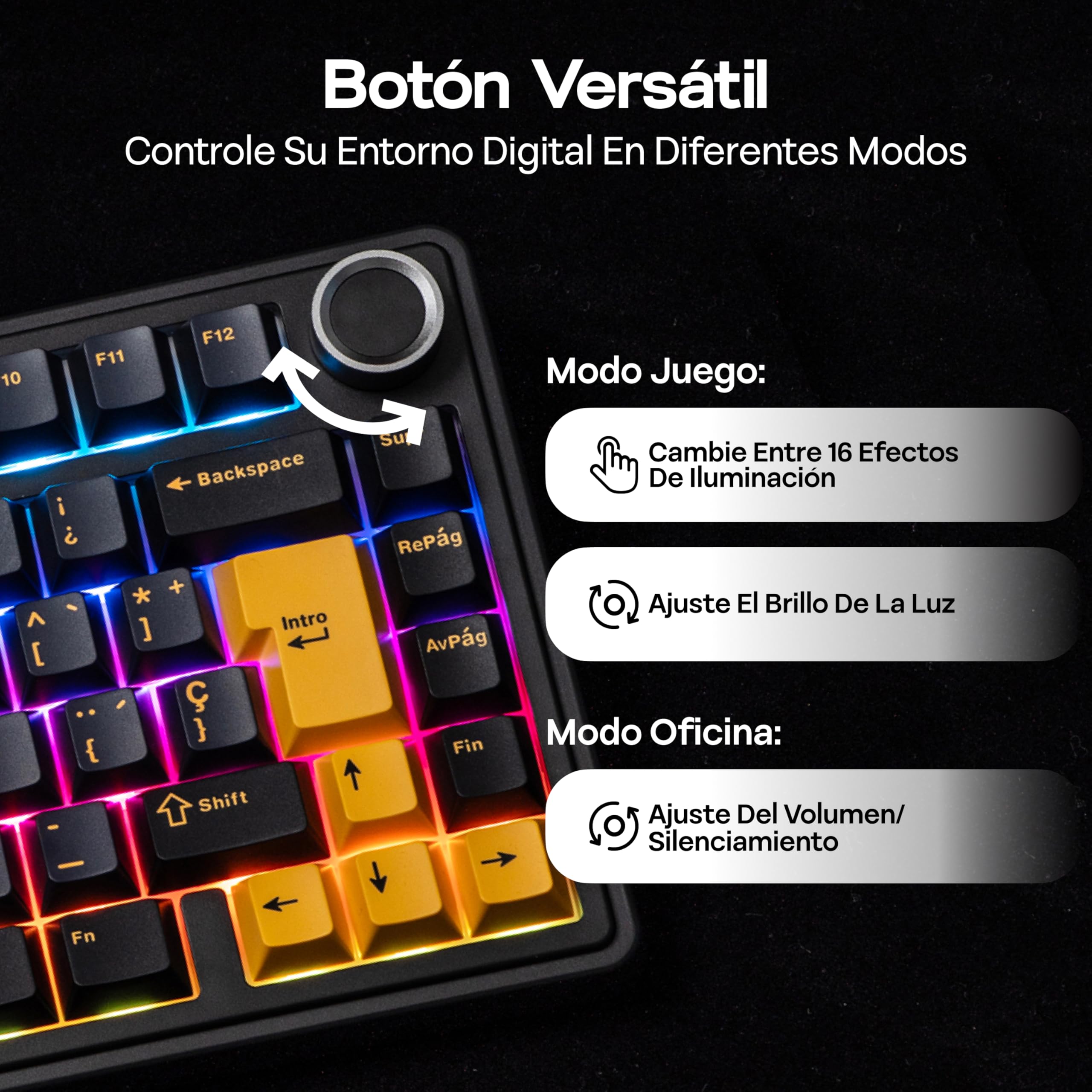 MechLands Aula F75 75% Teclado Mecánico para Gaming, Distribución QWERTY Español, Retroiluminación RGB, Teclado BT5.0/USB-C/2,4 GHz Con Mando Giratorio, Reaper Switches para Win/Mac ()