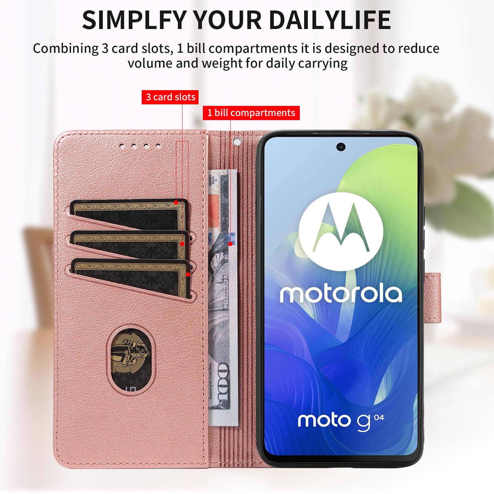Abuenora Cover per Motorola Moto E14 / G04 / G04S / G24 con Pellicola Vetro Temperato, Custodia a Libro Flip Portafoglio in Pelle [Blocco RFID] Case - Oro Rosa