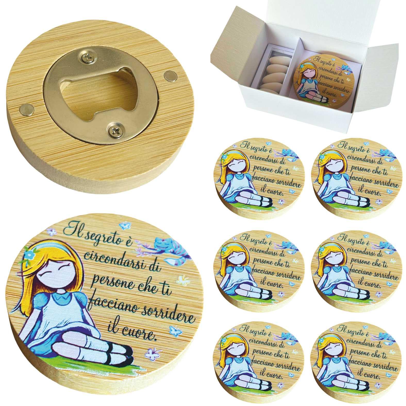 Regalami Set 6 Bomboniere Stappa Bottiglie Magnetico in Legno Confezione Completa con Scatola, Confetti e Biglietto (Alice)