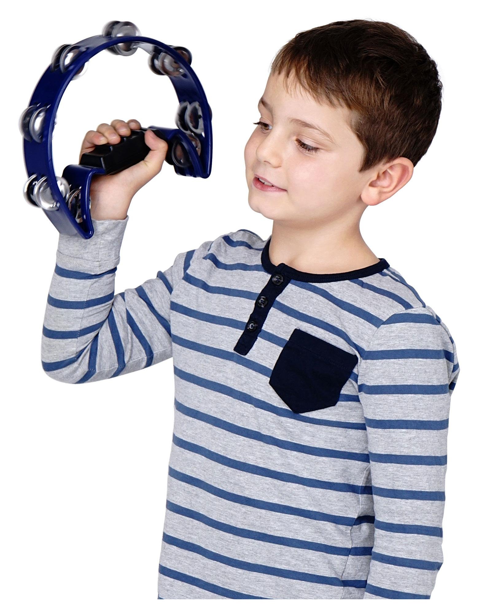 XDrum TM-1 Pandereta De Mano Azul, Marco y mango de plástico, Color: Azul | Mango ergonómico, Diseño de media luna, doble fila, 16 pares de cascabeles de acero cromado, ¡Pandereta con jingles de acero