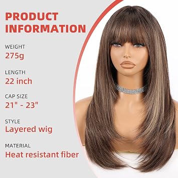 Allbell Highlight Dark Brown Wigs for Women Long Straight layered Wig With Bangs 22 inch Natural Looking Wig Synthetic Heat Resistant Fiber for Daily Party Use