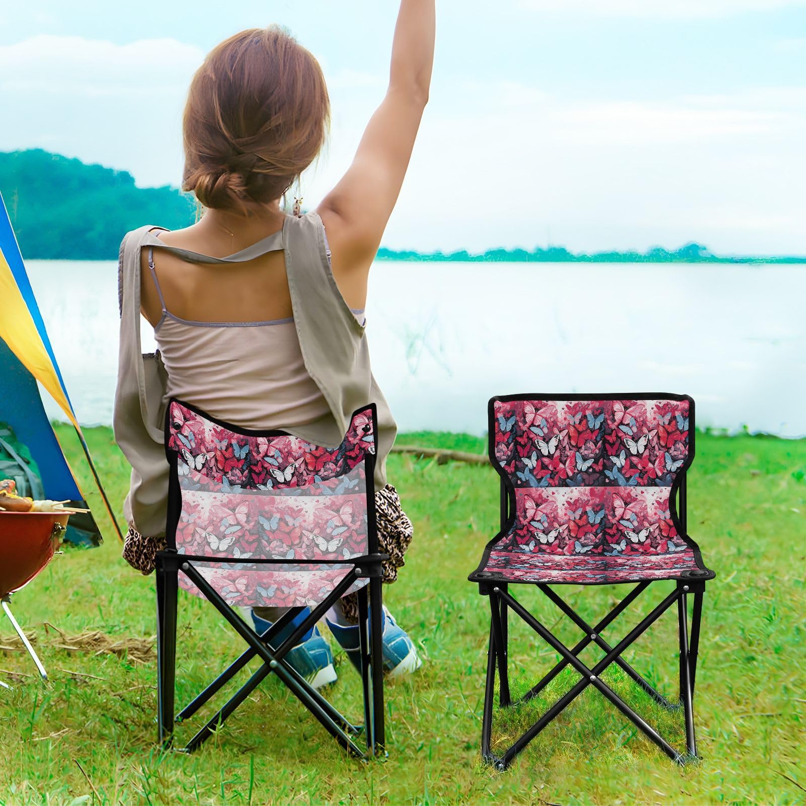 FRODOTGV Estetyczny motyl urocze składane krzesła kempingowe dla dorosłych lekkie składane krzesło zawiera torbę do przenoszenia krzesło outdoorowe do łowienia pod lodem wędkarstwo podlodowe
