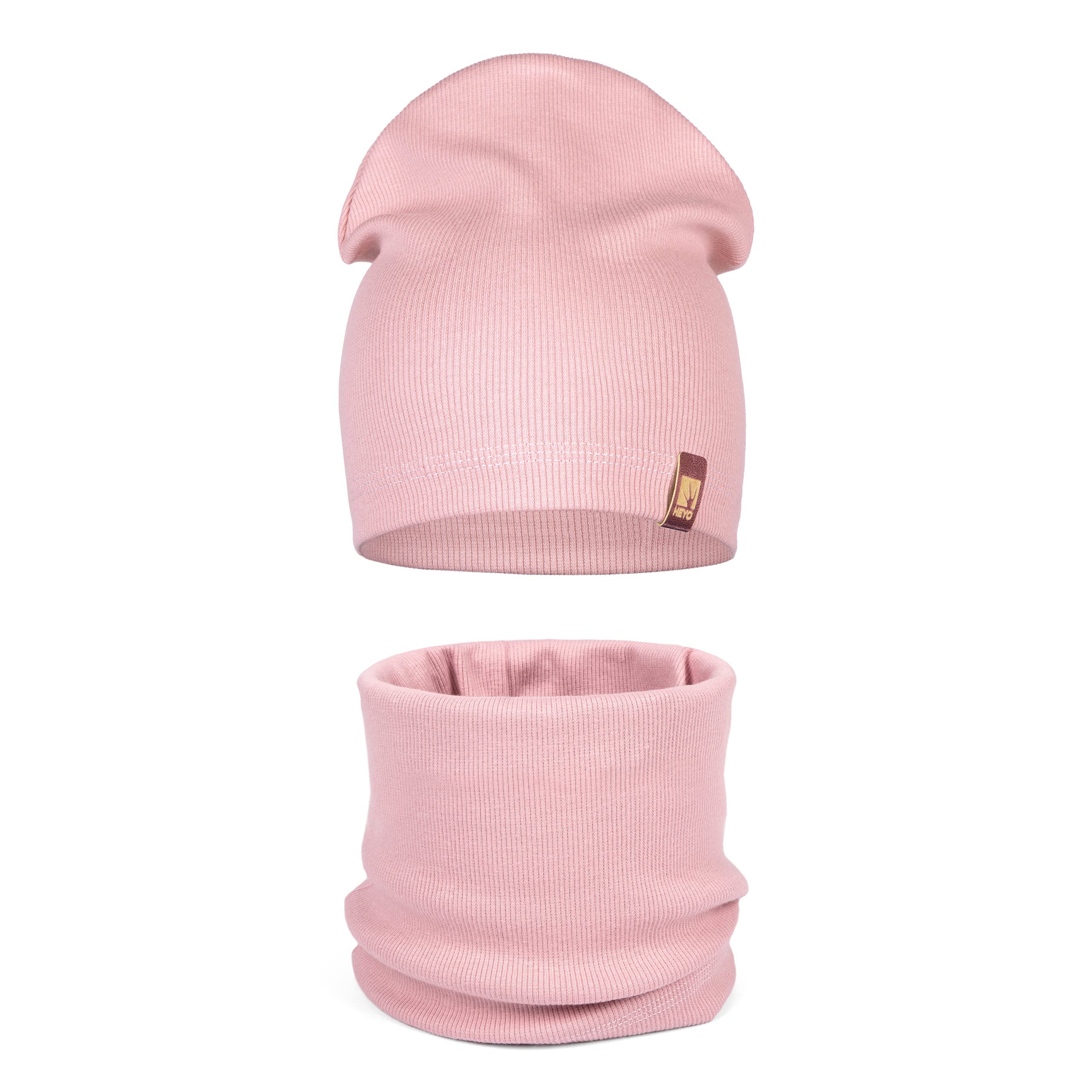 HEYO Kinder Beanie Mütze Schlauchschal Set für Mädchen Jungen Frühling Strickmütze Schal (Rosa)