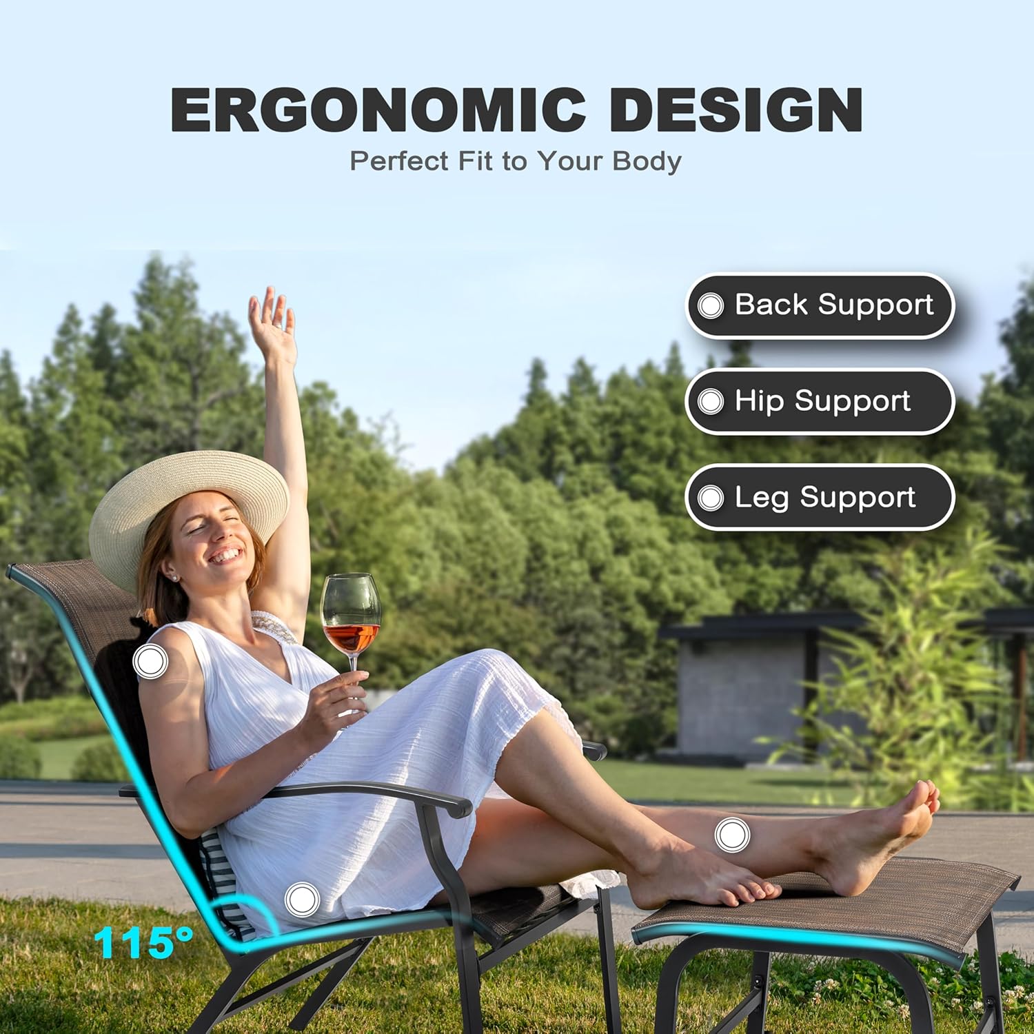NUU GARDEN Set of 2 Patio Chaise Lounges Chair, Recliner Chairs with Ottoman, All-Weather Textilene Chaise Lounge with Metal Frame, Outdoor Lounge Chairs for Backyard, Garden, Deck, Brown