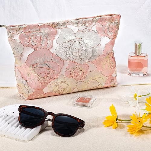 Miniatura 7 de URSKYTOUS Bolsa de maquillaje de flores, bolsa grande de viaje para cosméticos para mujer, bonita bolsa de maquillaje con cremallera, bolsa de