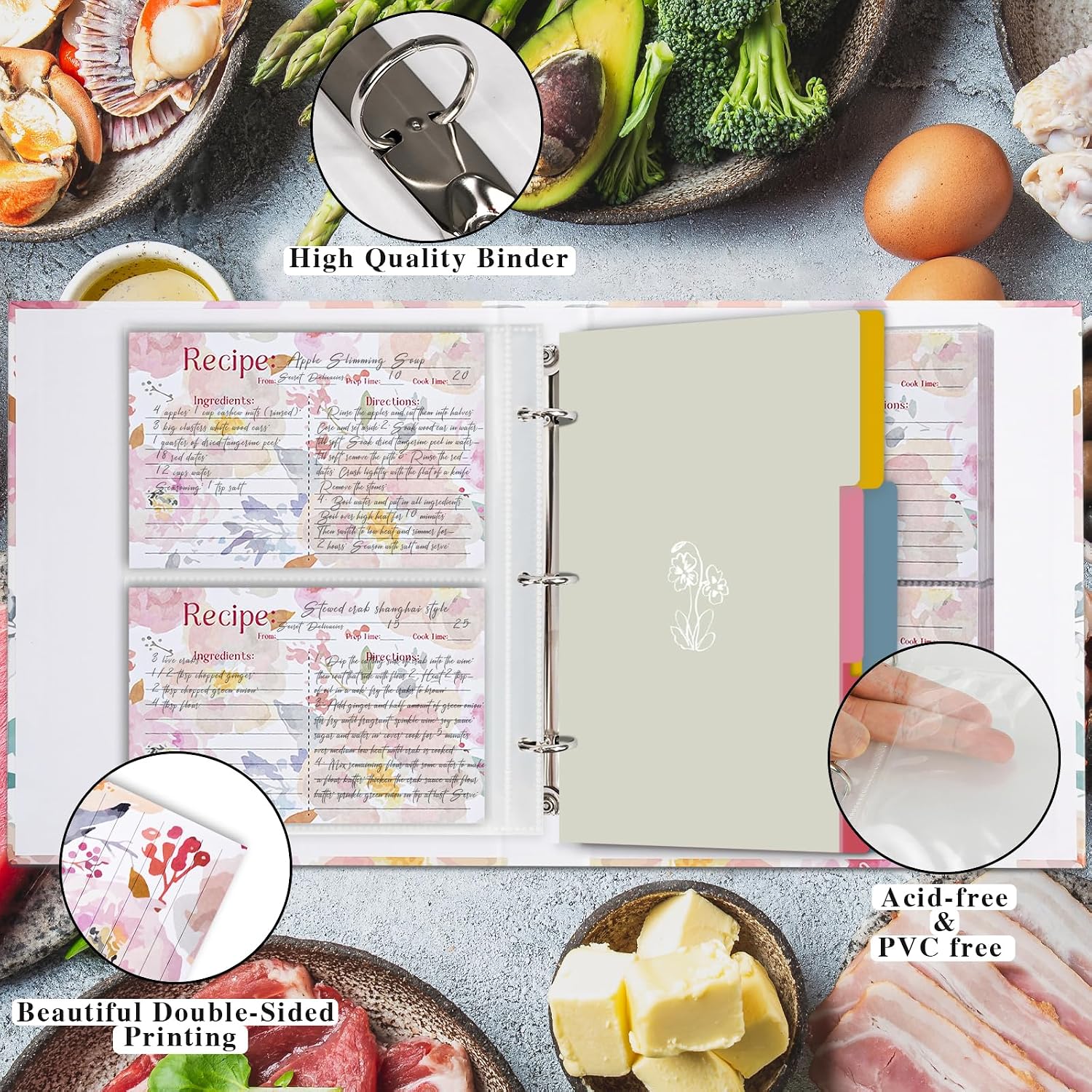 Recipe 3 Ring Binder 8.5x9.5, Full Page 3 Ring Recipe Binder Organizer Set with 25 Slot Pages & 50 Recipe Cards & 6 Divider Pages, Recipe Book for Make Your Own Recipe Sleek Kitchen Watercolor