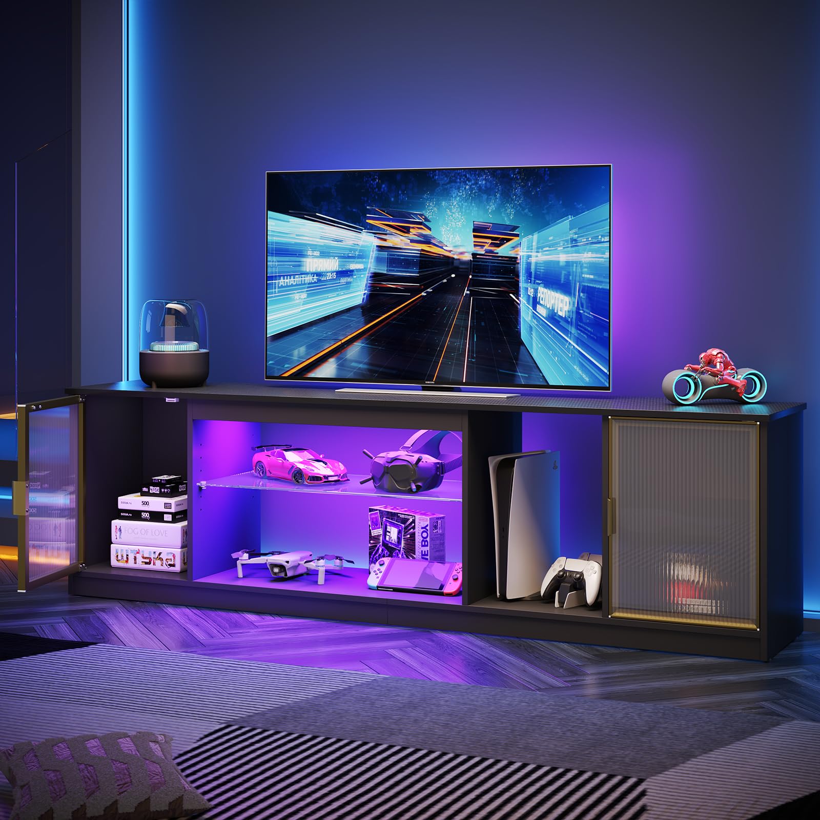 Bestier Mobile TV moderno per TV da 75/80 pollici,centro di intrattenimento a LED ante in acrilico e ripiano in vetro regolabile,console TV multimediale da 70",per soggiorno,fibra carbonio nera