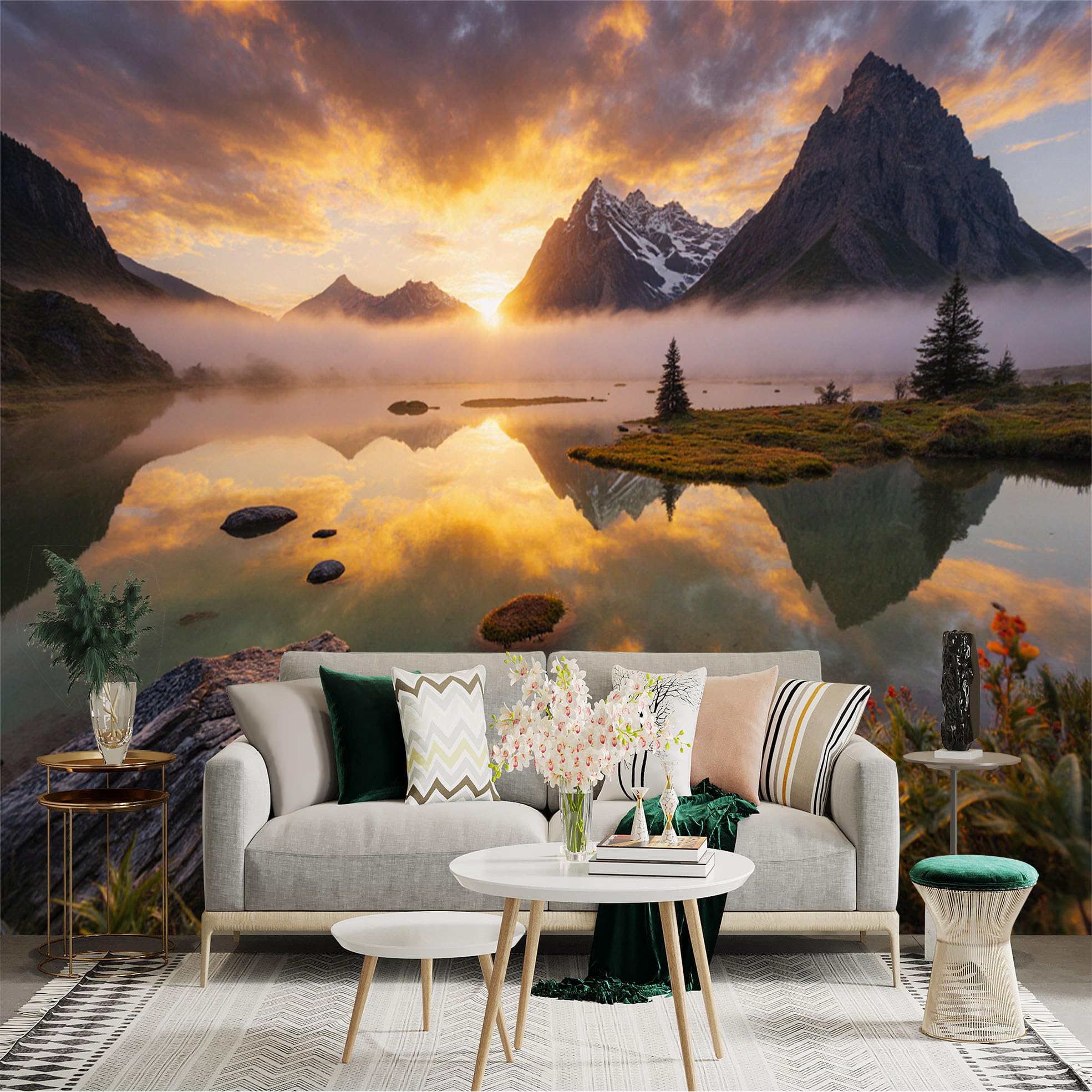 Lnzczhyre Xc260505318 Custom Size Wall Sticker Mural， Golden Sunset Over Mountain Lake， Misty Morning Landscape， Nature Scenery， For Wall Decoration， Peelandstick Wall Decals.