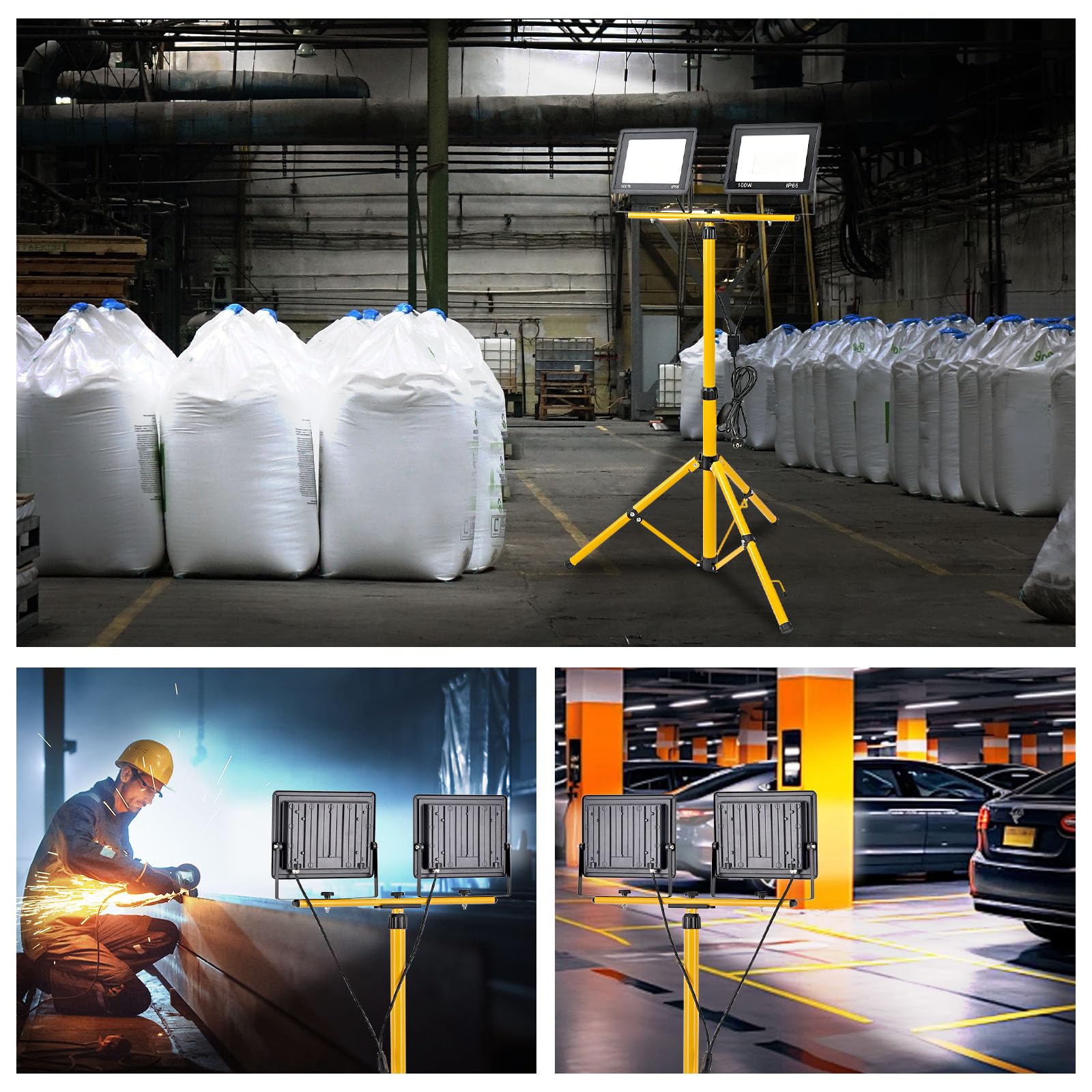Faretto da Cantiere com Treppiede Telescopico 200W, 20000LM 6500K Faro LED da Cantiere Portatile, 6500K Faretto da Cantiere con Cavo 3m, Rotazione 360°, IP66 Impermeabile Lampada da Lavoro