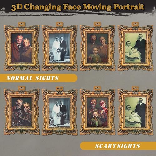 Vista 16 de YBB Paquete de 4 portarretratos en movimiento de Halloween, retrato de terror de cara cambiante en 3D, decoración de miedo para el hogar, fiesta