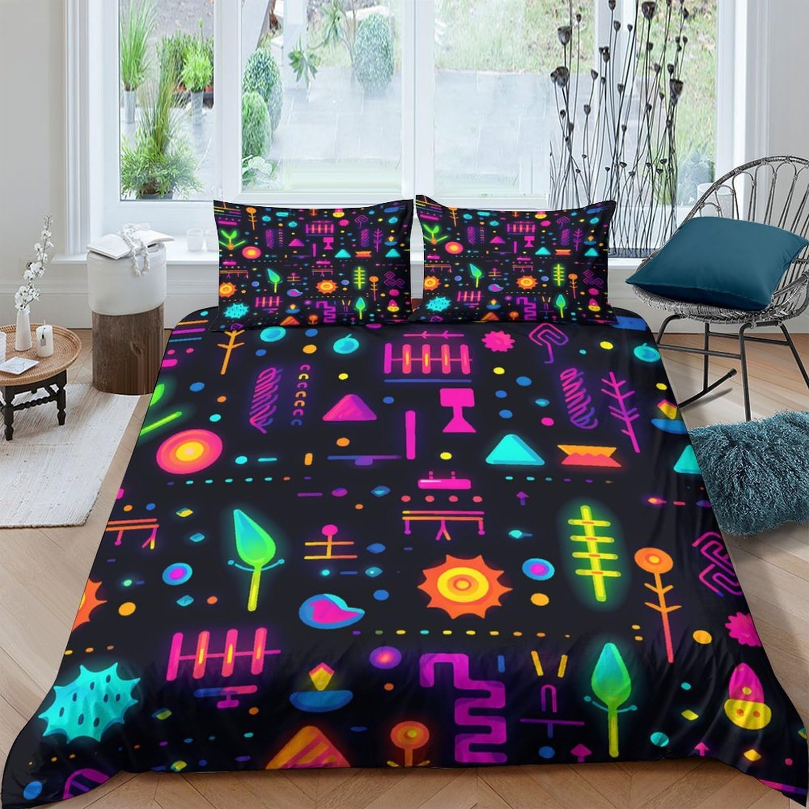 GPLZQXKJNH 3D Printed Neon Geometric Duvet Cover Set Microfiber Soft Multicolour Abstract Bedding Set with 2 Pillowcases for Bedroom Decor Single（135x200cm）