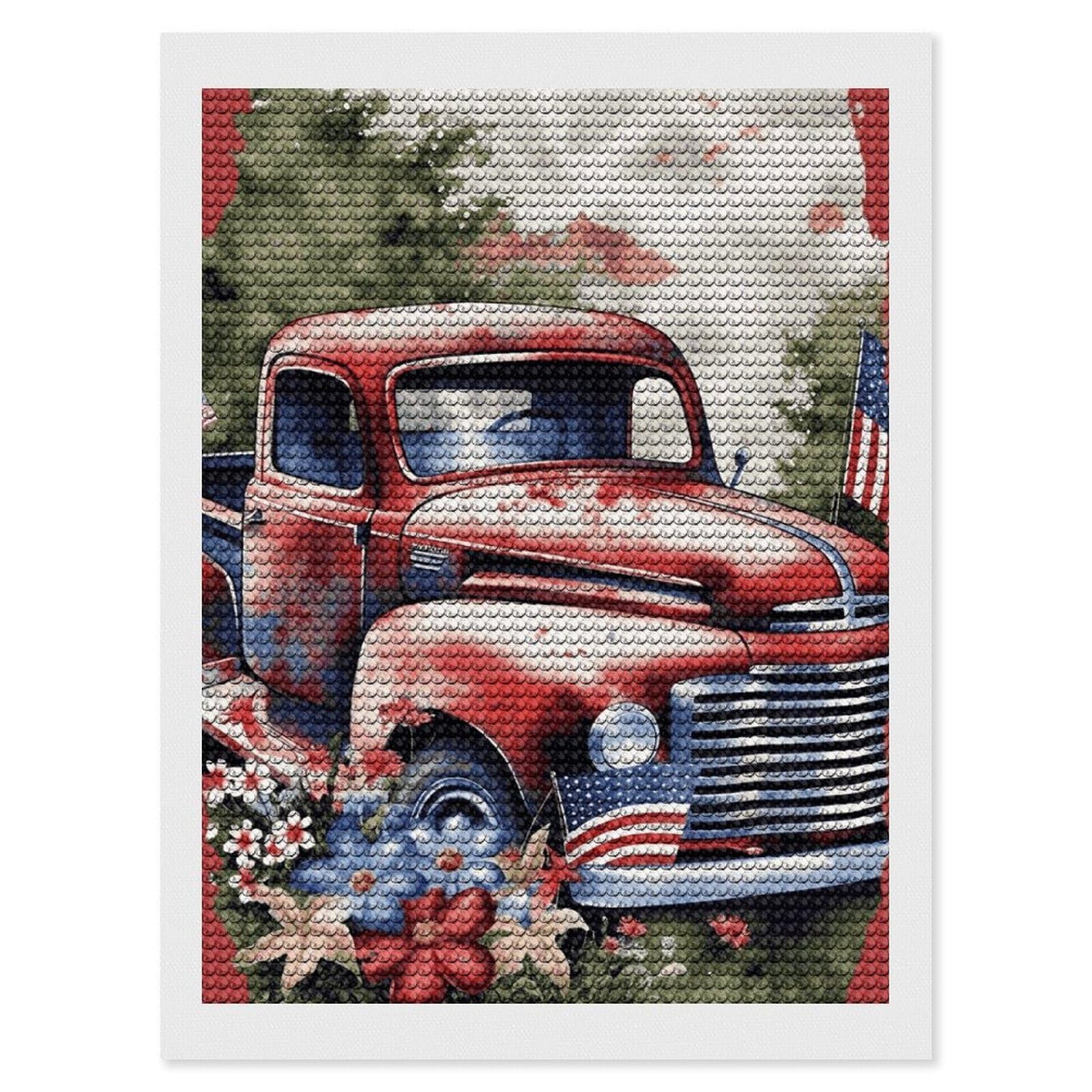 FekiLoot Patriotic Old Red Truck Diamond Art Kits for Adults, 5D Aurora Diamond Painting Kits for Beginners DIY Full Drill Dots Gem Art Paint Crafts for Home Wall Decor 12"x16"