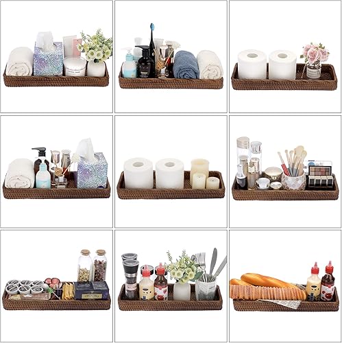 Miniatura 5 de Sumnacon Bandeja decorativa de mimbre para tocador de baño de 16 pulgadas, bandeja decorativa de mimbre para toalla de mano de papel, cesta de