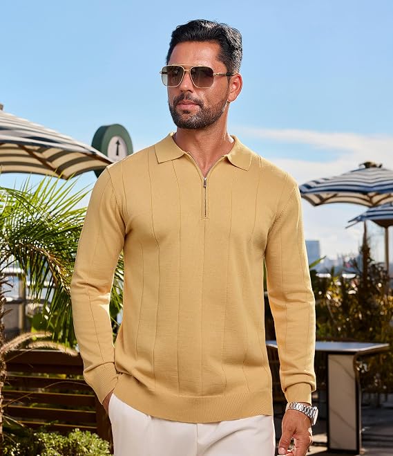 Lexiart Mens Knit Polo Shirts Long Sleeve Quarter Zip Polo Casual Fashion Slim Fit Golf Shirts