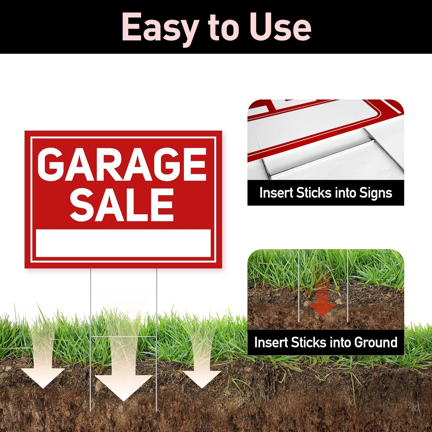 6 Pcs Garage Sale Signs with Stakes, 2 Large Garage Sale Signs 17" x 12" and 4 Arrow Yard Signs 17" x 6", Metal Stakes and Double Sided Waterproof Design for Garage Sale Supplies