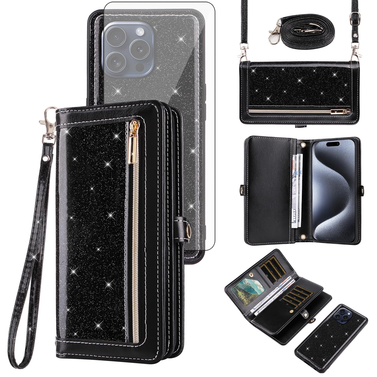 Protège-écran et étui fermeture éclair pour iPhone 15 Pro Max avec rangement cartes - 8